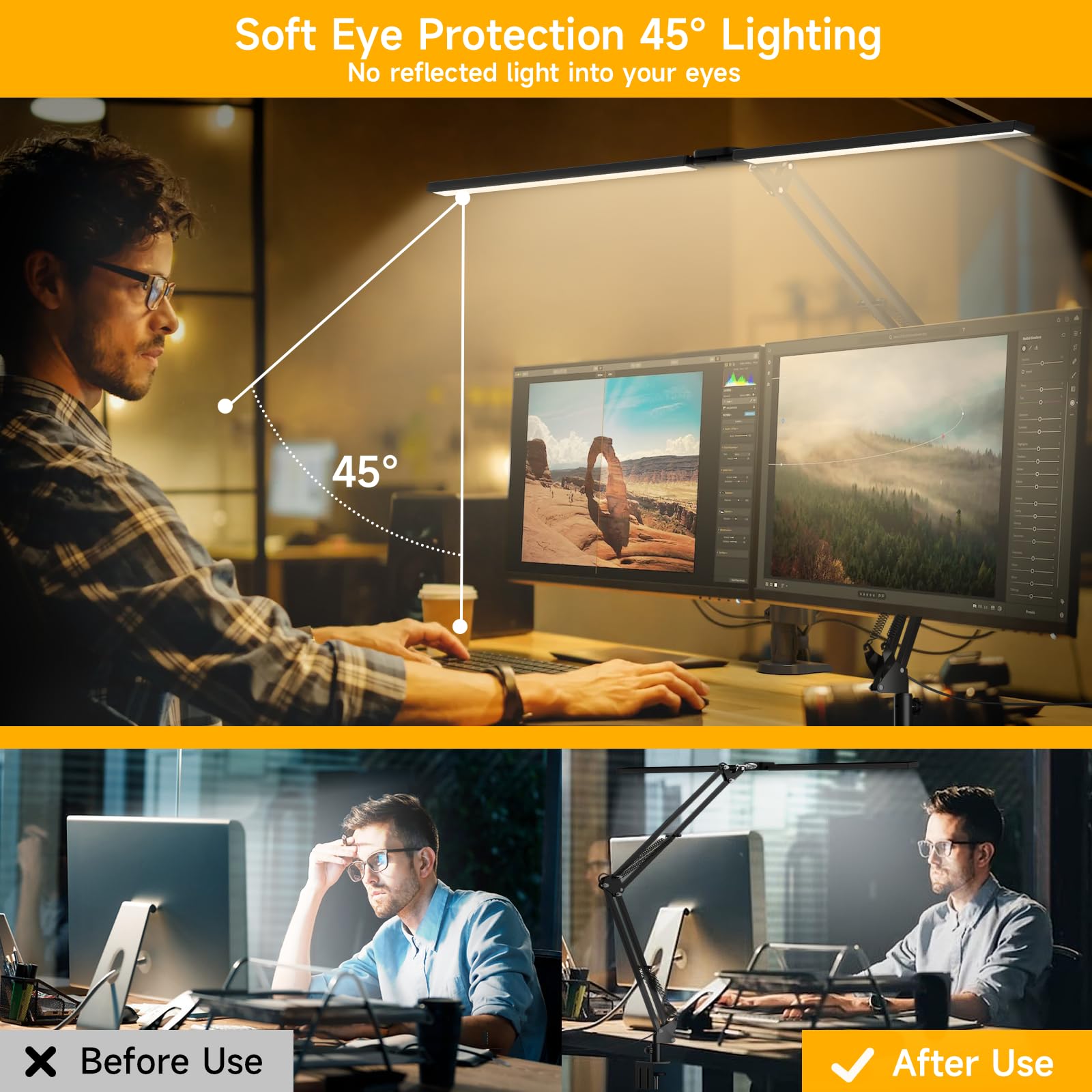SKYLEO Lámpara LED Escritorio, ​Lámpara de Escritorio de Doble Cabezal con Clip, con Control Remoto, 2400 LM, 5 Modos de Temperatura de Color, Lámpara Escritorio Hogar, 24W, Negro