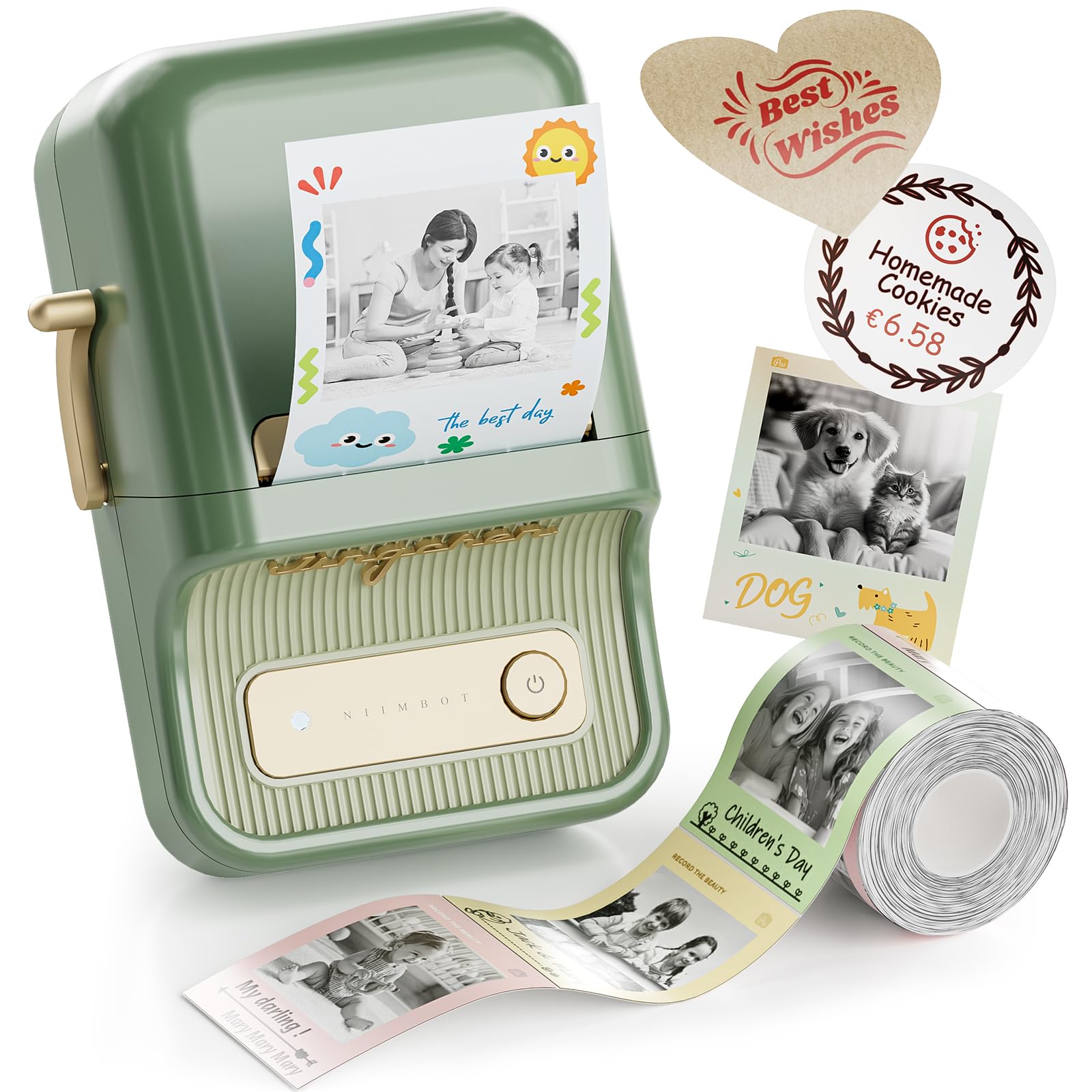 NIIMBOT Etikettendrucker B21 Pro, 300dpi Selbstklebendes Etikettiergerät Bluetooth Beschriftungsgerät Label Printer Fotodrucker für Lernen, Studiennotizen, Bilderdruck, Scrapbooking, Kieferngrün