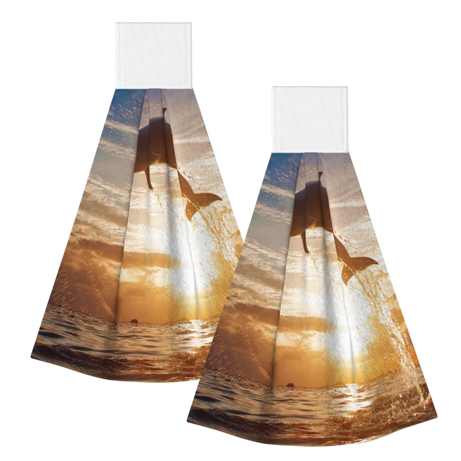 DOPKLNA Dolphin Jumping From Shining Water, 2 Pcs Hanging Coral Fiber Hand Towels for Bathroom, Absorbent Kitchen Towels