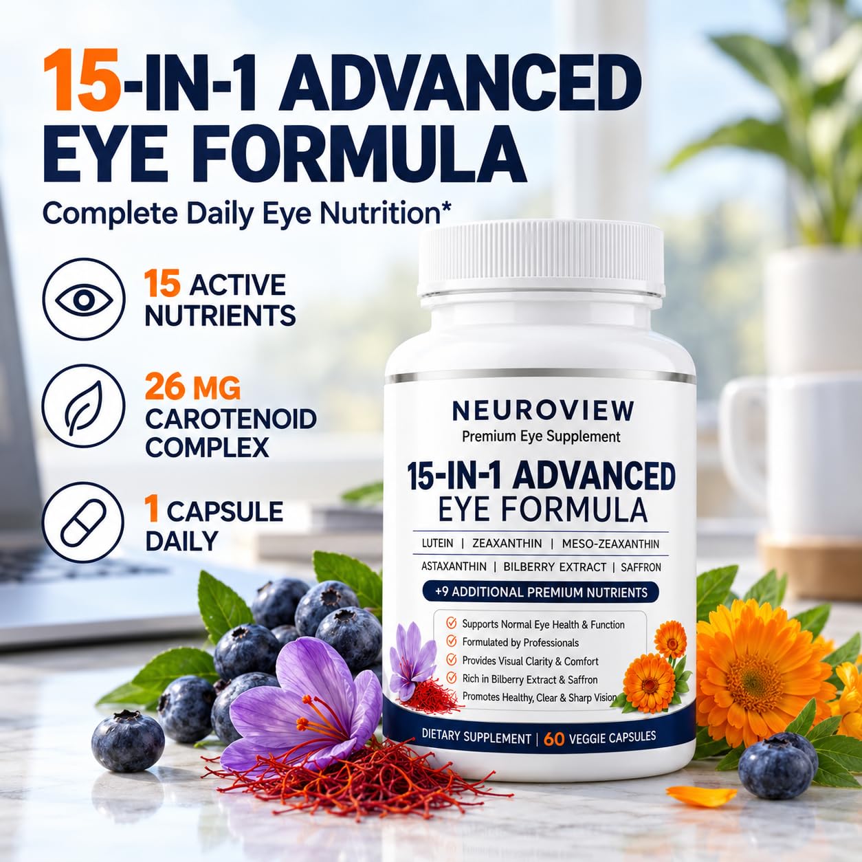 15-in-1 Advanced Eye Formula, Eye Vitamins with Lutein, Zeaxanthin, Meso-Zeaxanthin,Astaxanthin, Bilberry Extract & Saffron, Eye Health & Visual Comfort Support, 60 Veggie Capsules — Amazon image 2