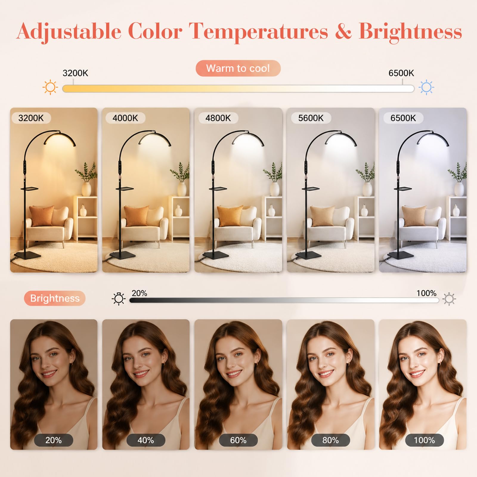 Lámpara LED de pestañas de media luna, giratoria 320° y 5 colores regulables, altura ajustable de 85 – 125 cm, CRI≥95, lámpara cosmética con control táctil para extensiones de pestañas