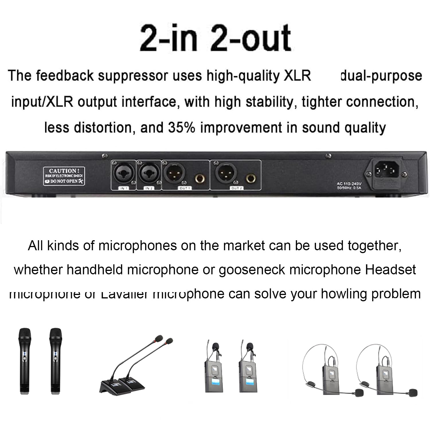 Processore audio digitale, anti-ululato con 2 ingressi e 2 uscite, controllo dell'intensità a 9 livelli, qualità del suono migliorata per studi di registrazione, bar e sale musicali