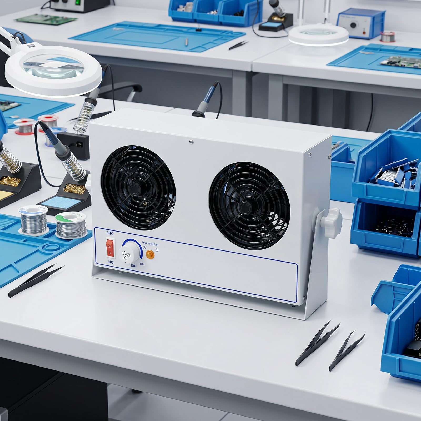 Wentylator jonizatora z podwójną głowicą z antystatyczną eliminacją, przepływ powietrza 45 A 110 Cfm, temperatura pracy od 0 ℃ do 50 ℃, do drukowania, pakowania