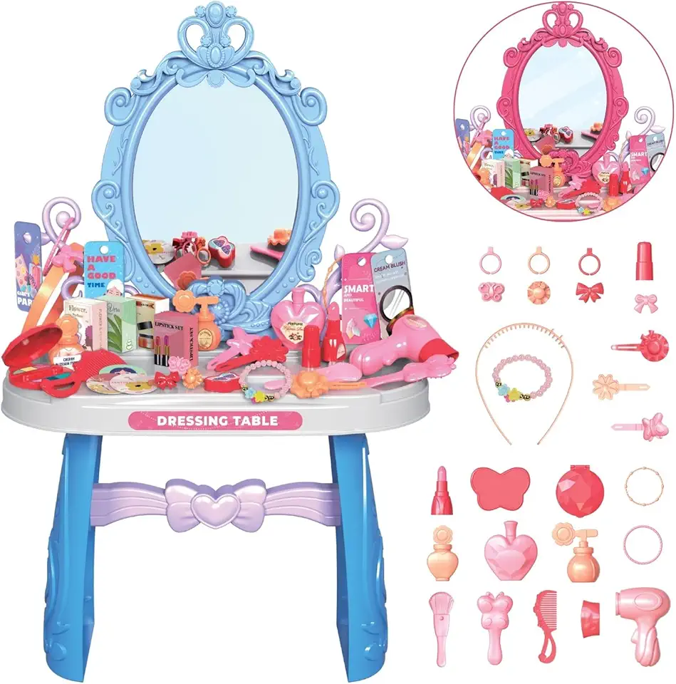 Penteadeira Brinquedo Princesa Maquiagem Espelho Menina Acessórios Faz de Conta (Azul)