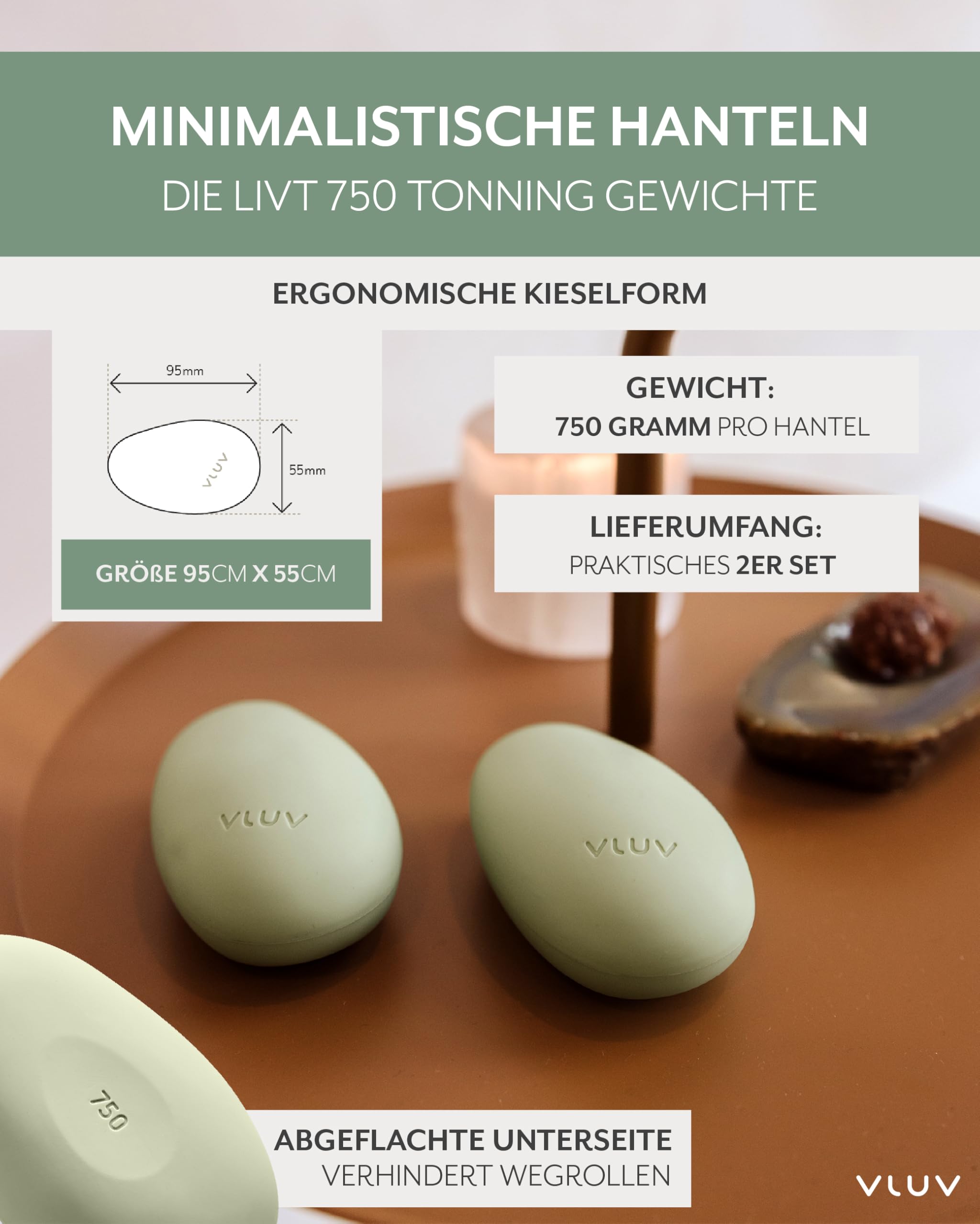 VLUV LIVT Toning Gewichte 750g, Kurzhanteln 2er Set, Avocado | Ergonomische Handgewichte, rutschfeste Silikonoberfläche, Hanteln Frauen und Männer, Fitness Gewichte für Training Pilates