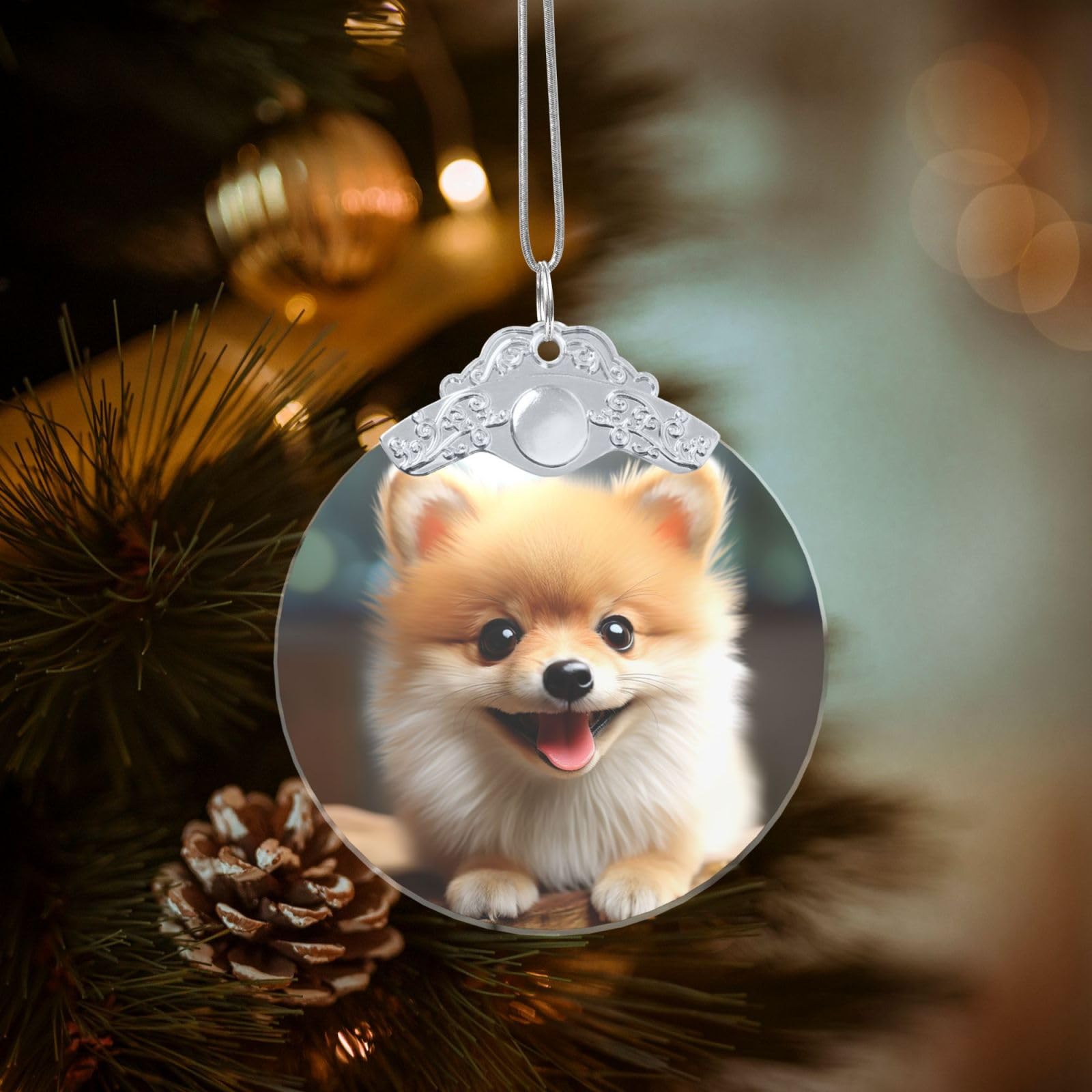 Crystal Christmas Ornaments for Christmas Tree Decoration Hanging Cute Little Pomeranian Ornament with Gold Ribbon Crafts Round Pendant for Keepsake Gifts Glass Xmas Decor Party Supplies