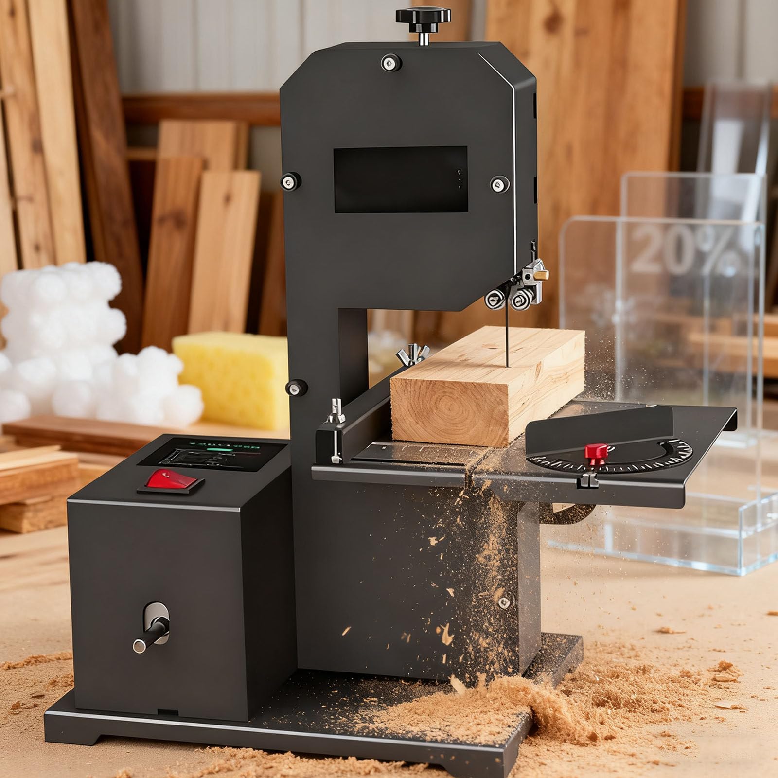 Sierra de Mesa 800W Compacta Multiusos - Sierra de Cinta y Sierra de Calar en Uno,Cortes Rectos,Curvos y en Arco,Mesa Inclinable 0-45°,Altura Corte 70 mm,para Madera,Metal y Espuma