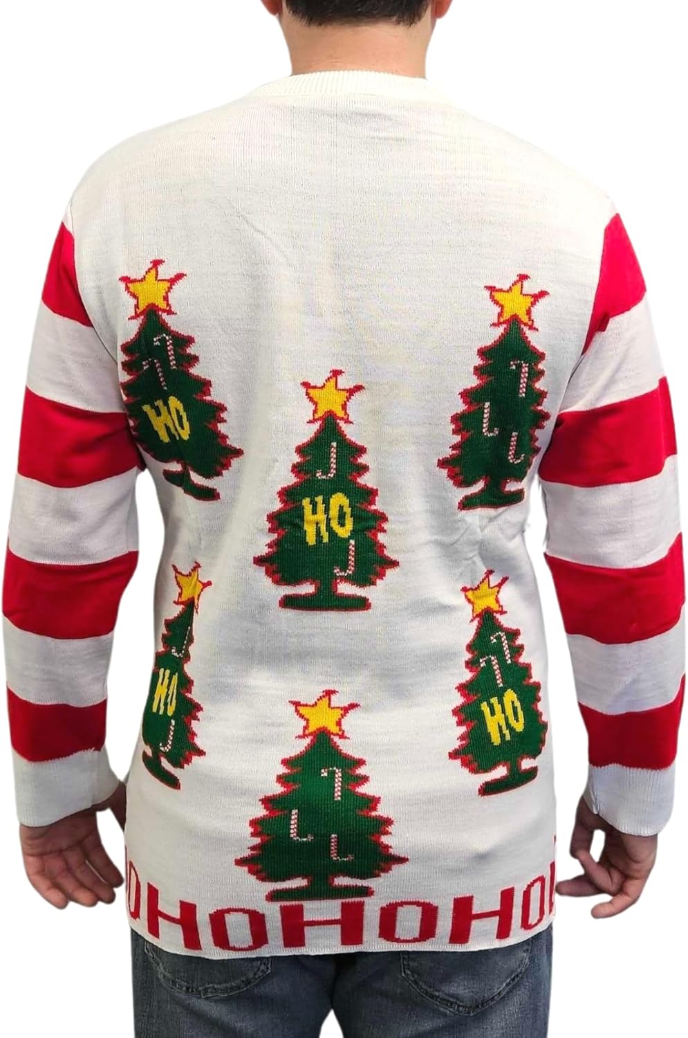 I Love Xmas HO HO HO Ugly Christmas Sweater - Holiday Movie Costume Party 00s Gift - Stripes Tree Star Candy Canes - White