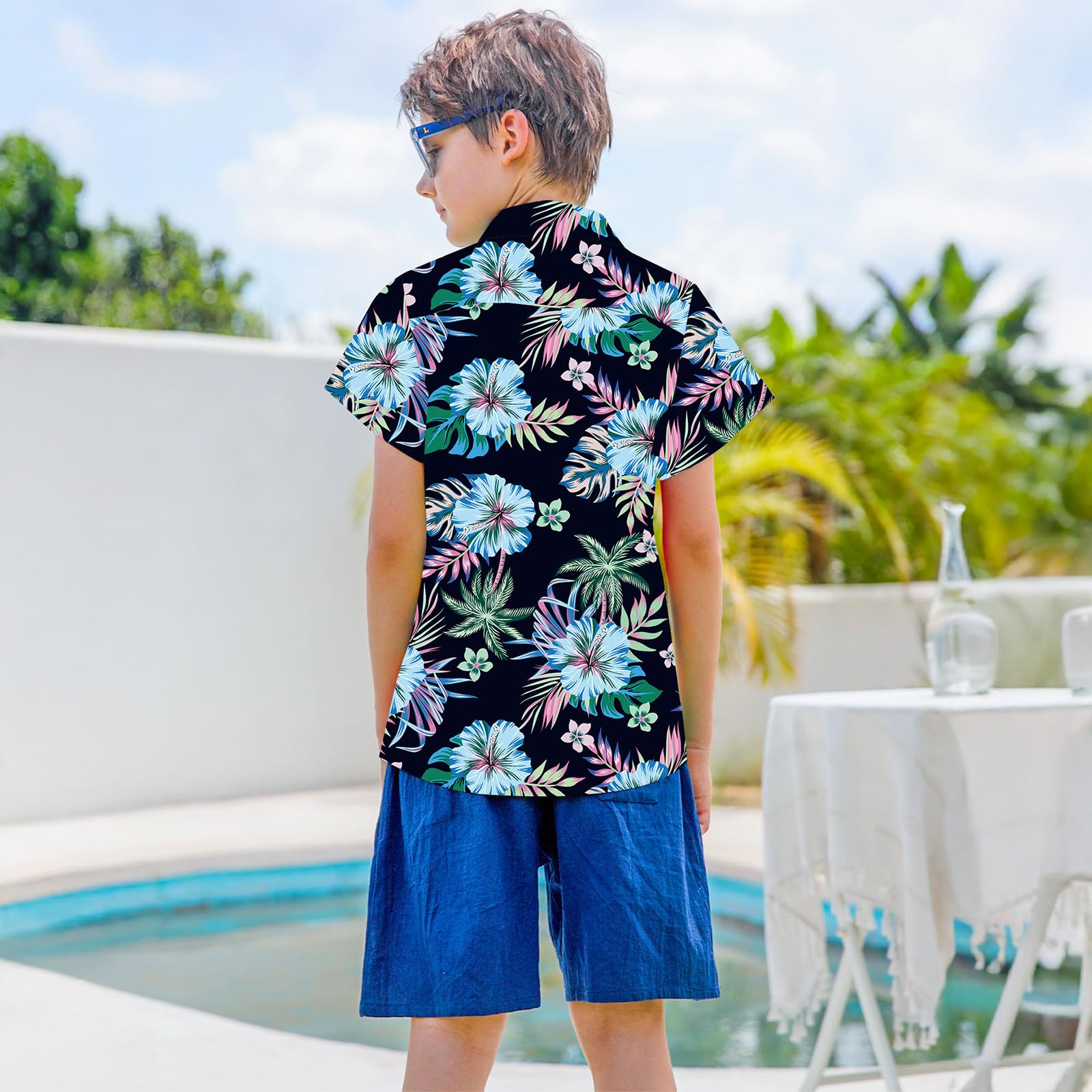 Boys Hawaiian Floral Aloha Print Shirt Button Down Dress Shirt for 7-14 Years - 5