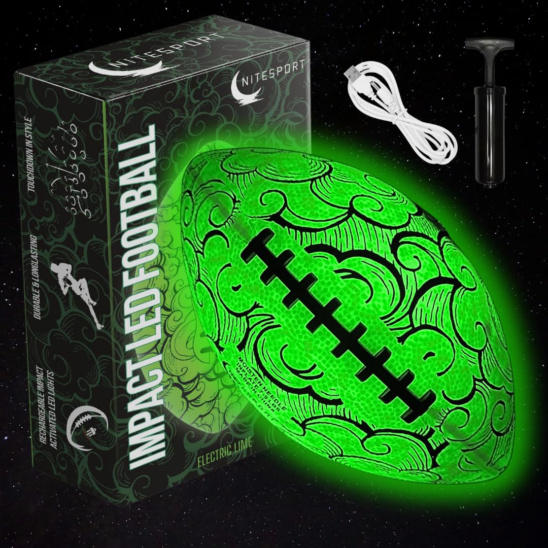 NiteSport Rechargeable Glow In the Dark Football Electric Lime | LED Light-Up Football Size 6 Batteries & Pump Included for Kids & Teens | Night Games