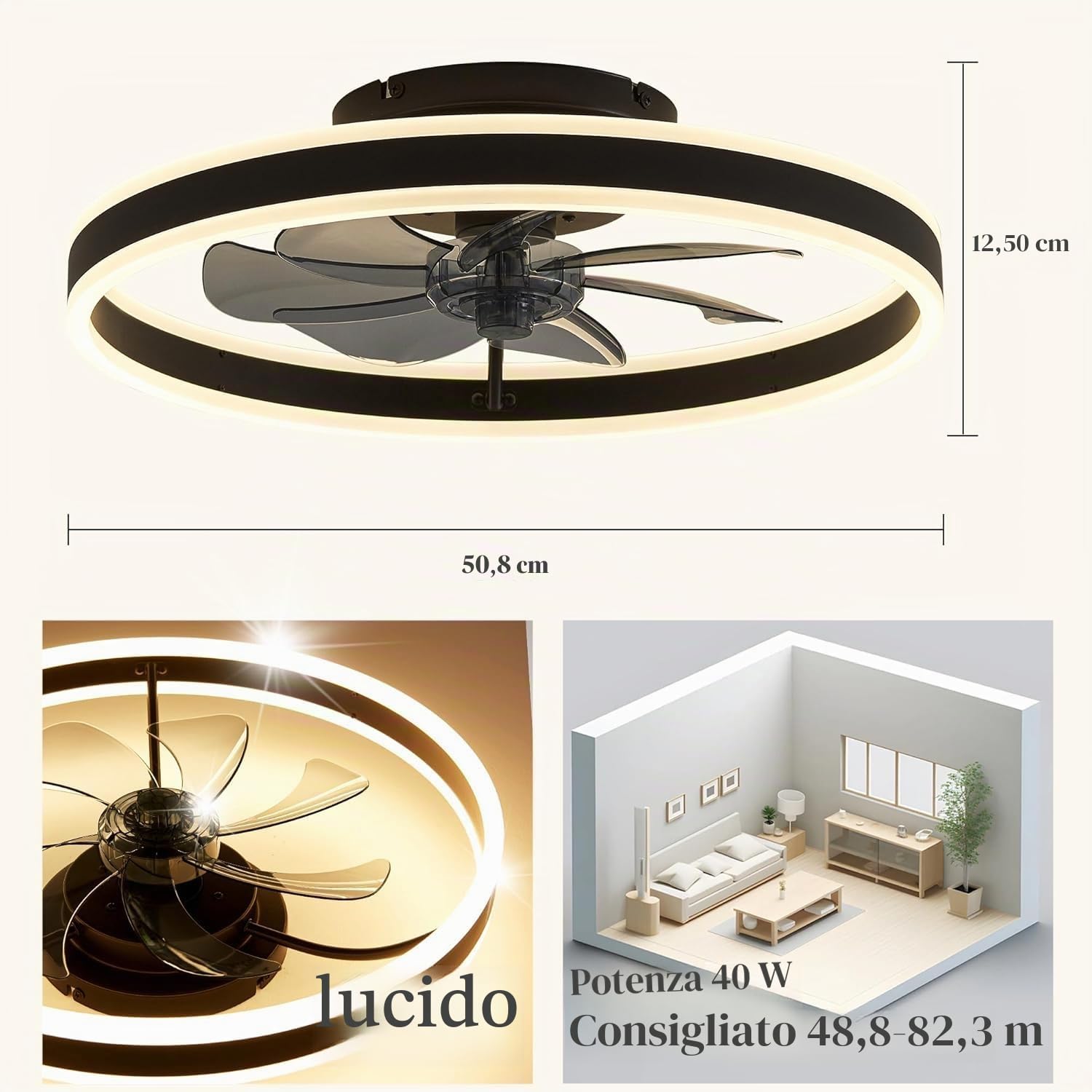 Reversibile Ventilatore da Soffitto LED 50CM Dimmerabile Ventilatore a Soffitto con Luce 3 Colori 6 Velocità Silenzioso Lampadario