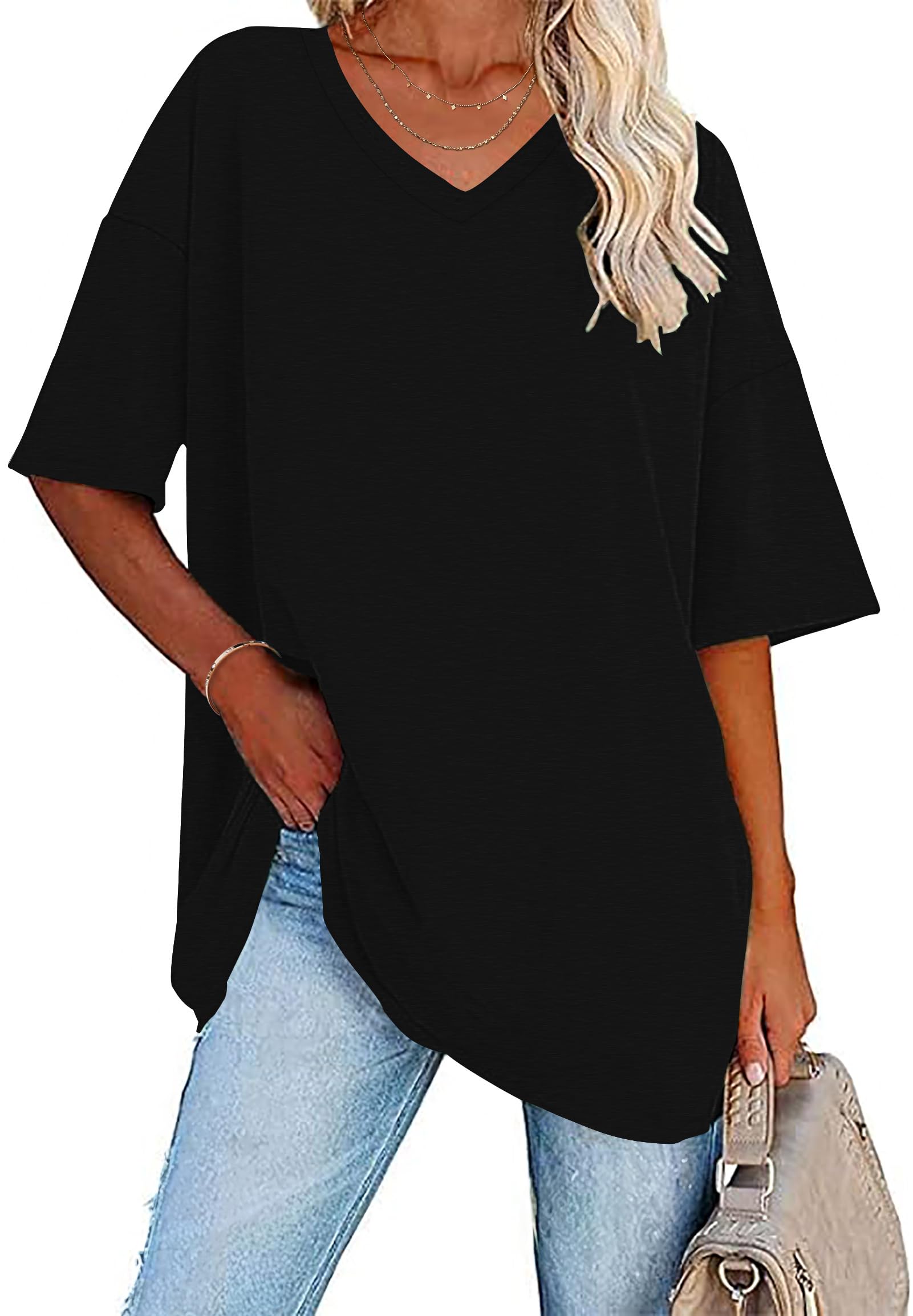 WNEEDU T-Shirt Damen Sommer Oversize Shirt Kurzarm V Ausschnitt Oberteile lässiges Top