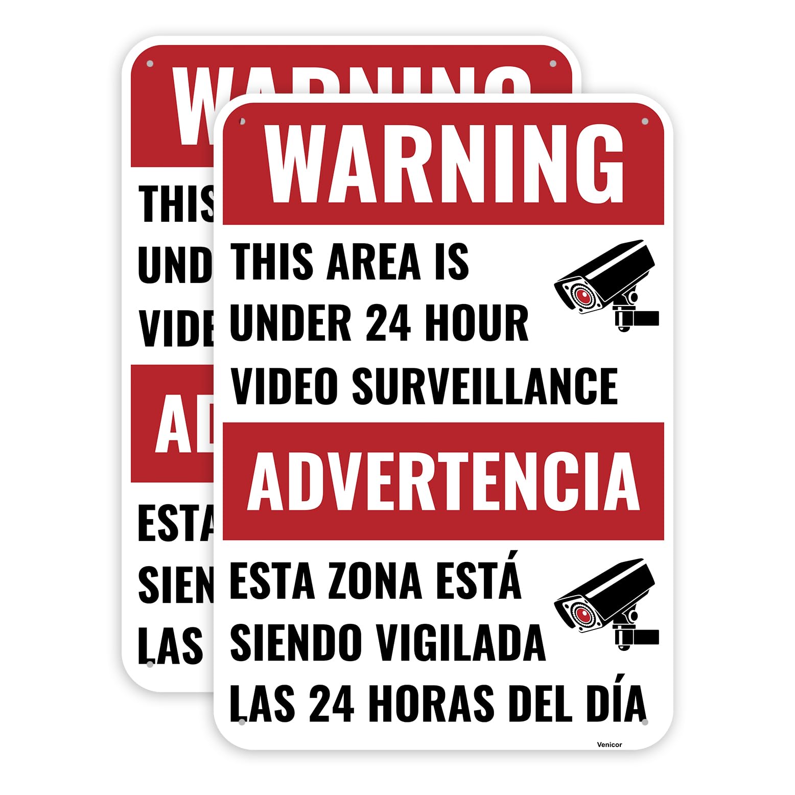 2PC 24 Hour Video Surveillance Sign, 10 x 7 Inches - Aluminum - Security Camera In Use You Are Being Recorded Warning Sign - Spanish Bilingual