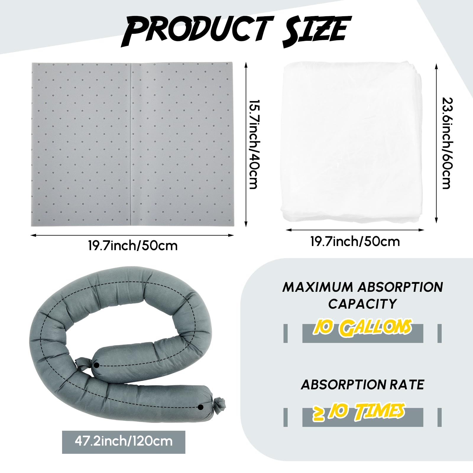 DoubleFill Kit de derrames universal de 19 piezas, kit completo portátil de derrames, absorbe productos químicos, aceites, agua y más, 15 almohadillas absorbentes, 2 calcetines absorbentes de 3