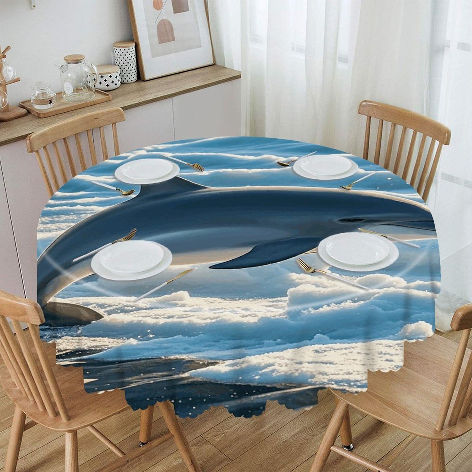 VstaDank Winter The Dolphin Round Tablecloth Wipeable Round Polyester Tablecloth Waterproof Wrinkle Free Indoor and Outdoor Table Cover 60 Inch Decorative Farmhouse Table Cloth for Dining