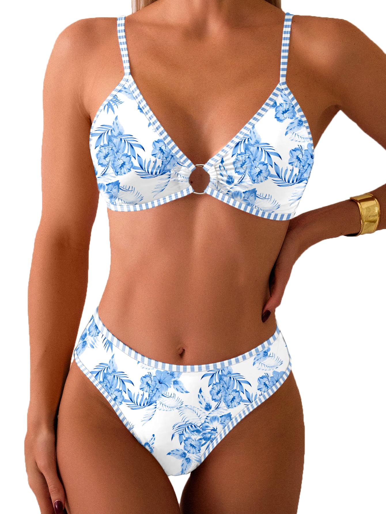 Photo 1 of Fanuerg Women's Triangle Bikini Sets O Ring Linked Two Piece Swimsuits Light Blue Floral Printed Cheeky Bathing Suit XL