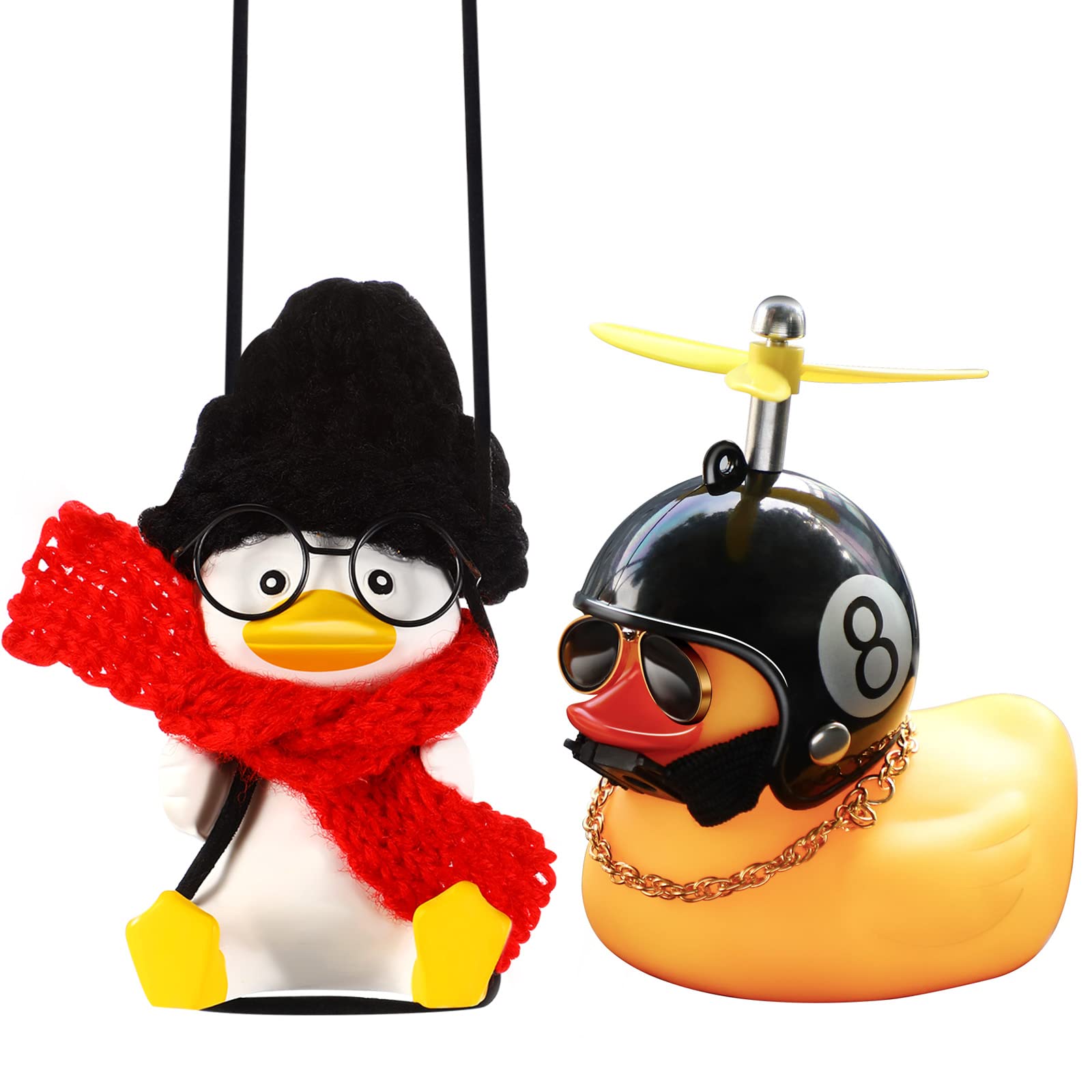 2 Pieces Swinging Duck Car Hanging Ornament Rubber Car Duck Car Ornament with Propeller Helmet Swing Duck Car Rear View Mirror Pendant Yellow Duck Car Dashboard for Car Decor(Scarf Style)
