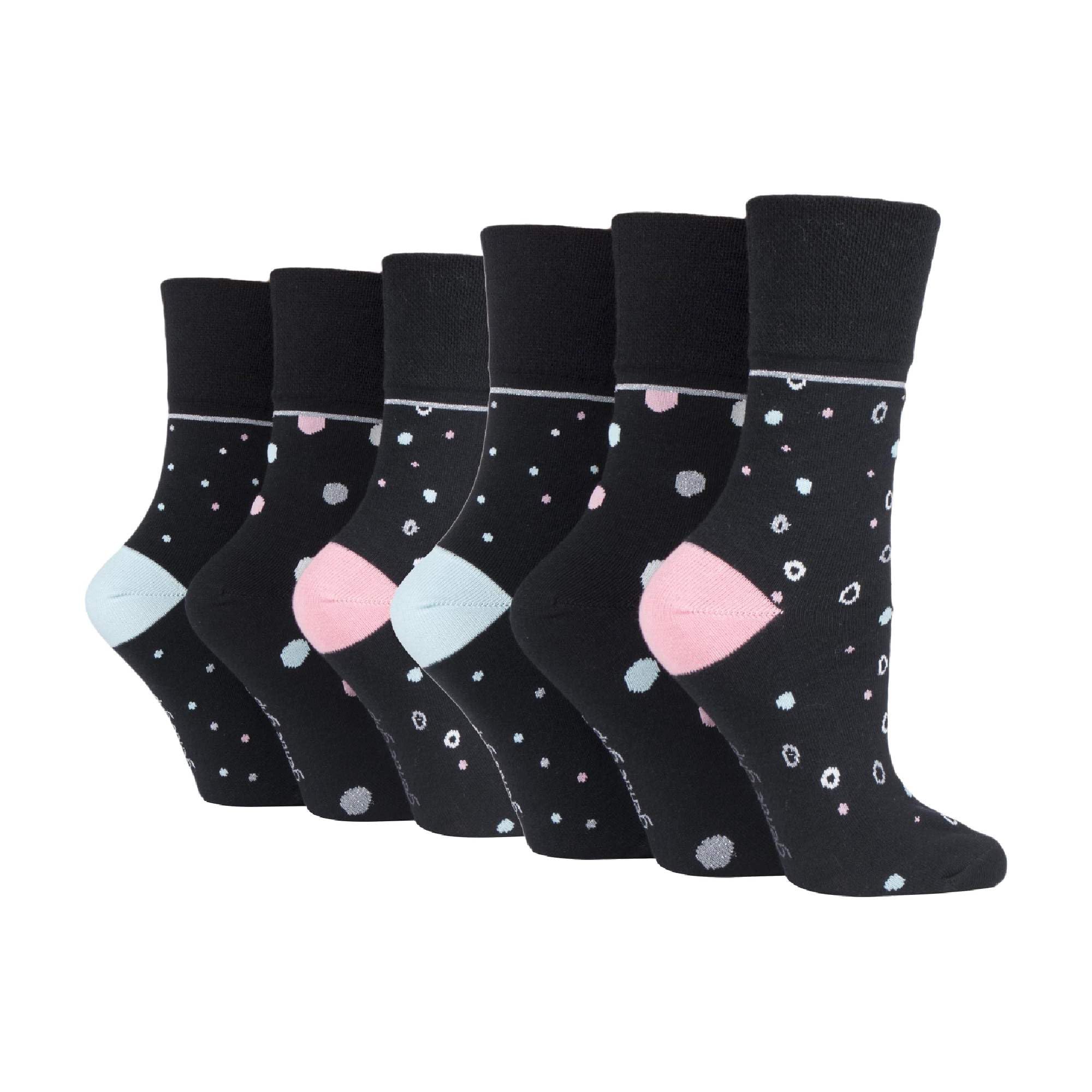 SOCK SHOP GENTLE GRIP - Ladies Polka Dot Cotton Socks – 6 Pack | Non-Elastic Soft Top Spotted Pattern Socks for Circulation (4-8, SOLRH219)