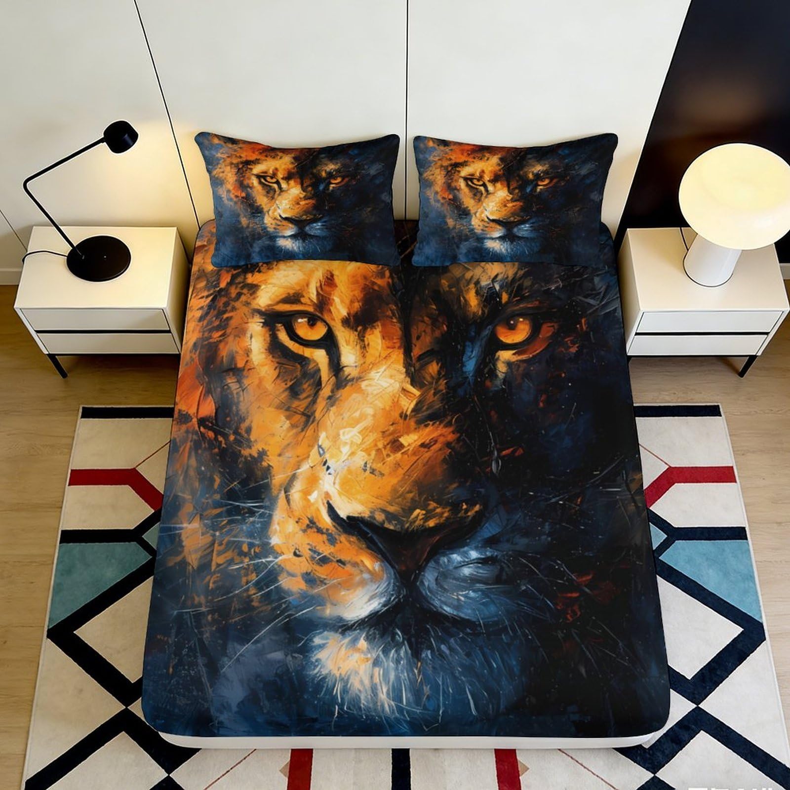 3D Printed Lion Face Fitted Sheet Microfiber Soft Durable Wild Animal Bed Cover for Bedroom Guest Room Decor 90x200x25cm