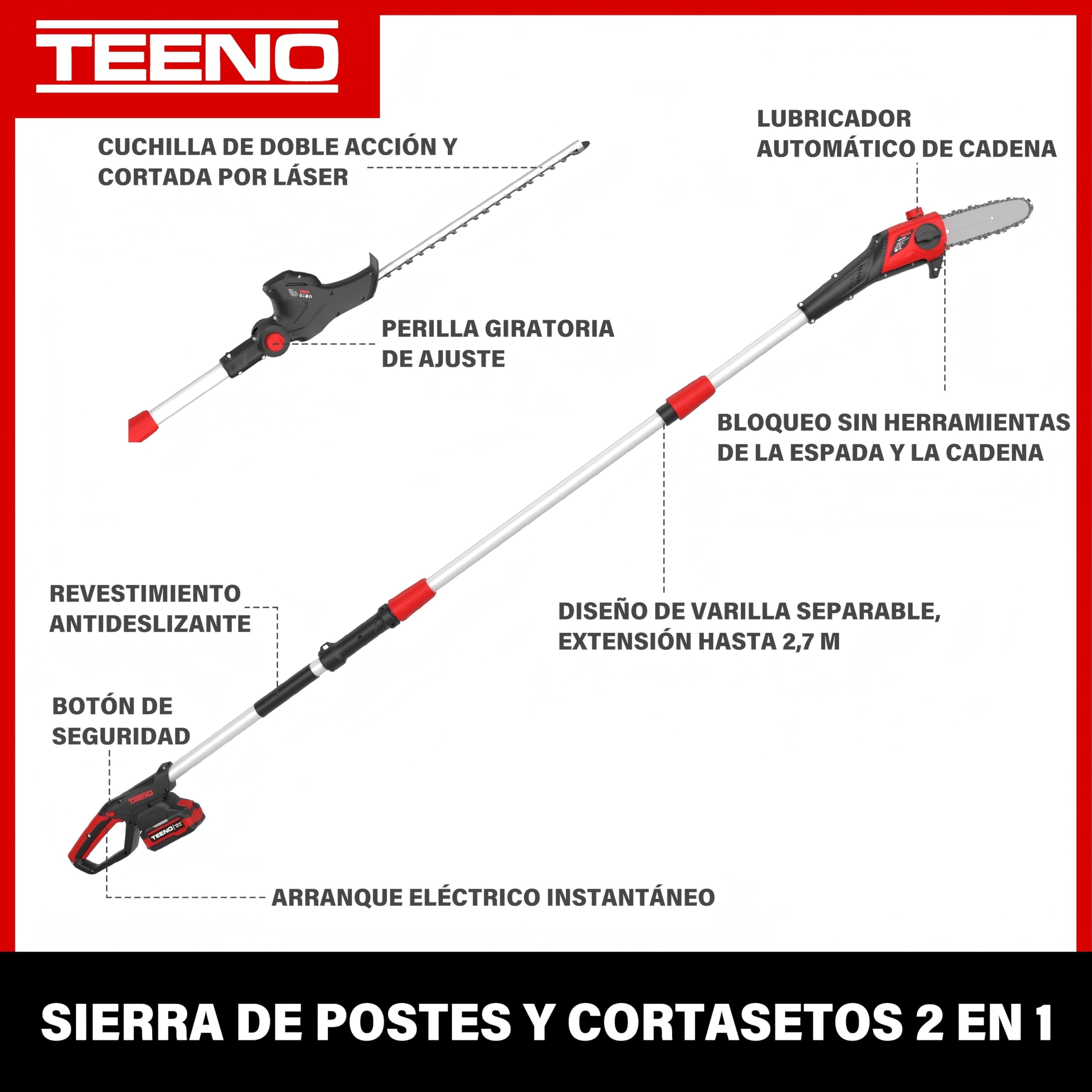 TEENO Cortasetos y Sierra eléctrica 2 en 1,Sierra y Cortasetos Pértiga a Batería con Correa Hombro,Barra Sierra 20 cm,Cortasetos 42 cm y Cuchillas Doble Acción,Incluye batería de 20V 4000mAh