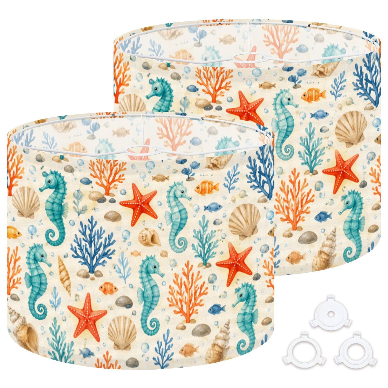 Lamp Shades Set of 2 for Table Lamps, 13" x 10", Drum Lamp Shades for Floor Lamps, Boho Fabric Replacement Shade with Coastal Seahorses Seashells Corals Print, Easy Assembly Required