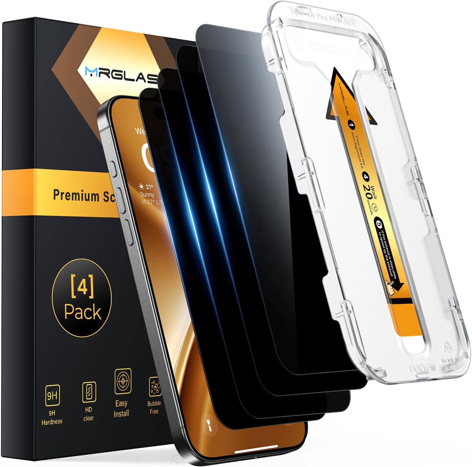 MRGLAS 4-Pack TOP 9H+ Glass for iPhone 16 Pro Max Privacy Screen Protector | [Auto Alignment Kit] [10X Military Protection, 100% Anti Spy] UNBREAK Tempered Glass 6.9 inch Longest Durable Case-Friendly
