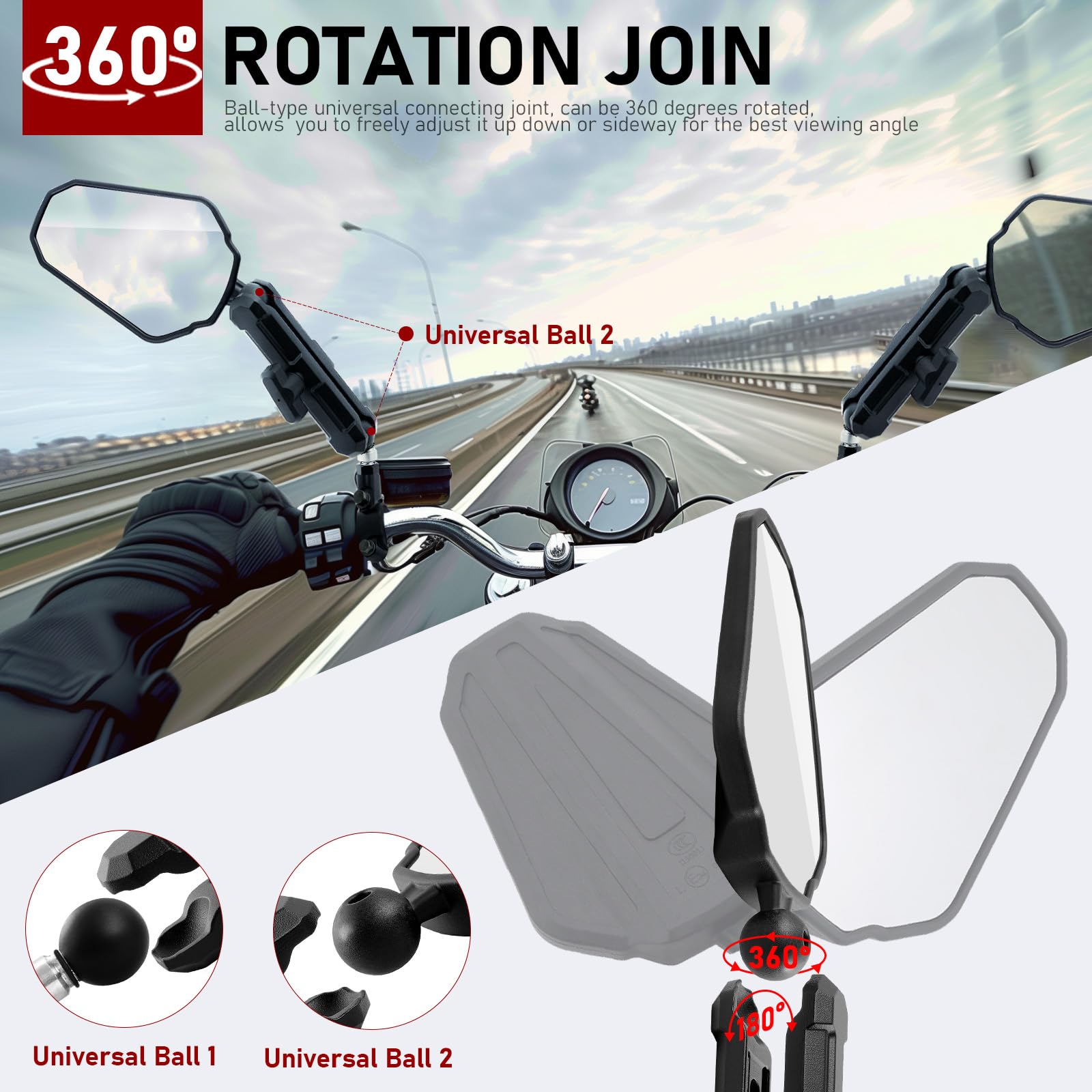 Adventure Espejo Retrovisor para Motocicleta Homologación E24, Plegable 360° con Manillar de 22 mm Tornillos M8/M10, Ccompatible para Street Dirt Bike Ebike Scooter ATV Quad