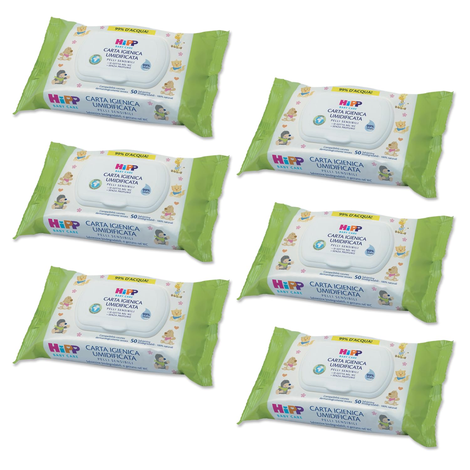 HiPP - Baby - Carta Igienica Umidificata per Neonati, Pelli Normali e Sensibili, 6 Confezioni da 50 Salviettine