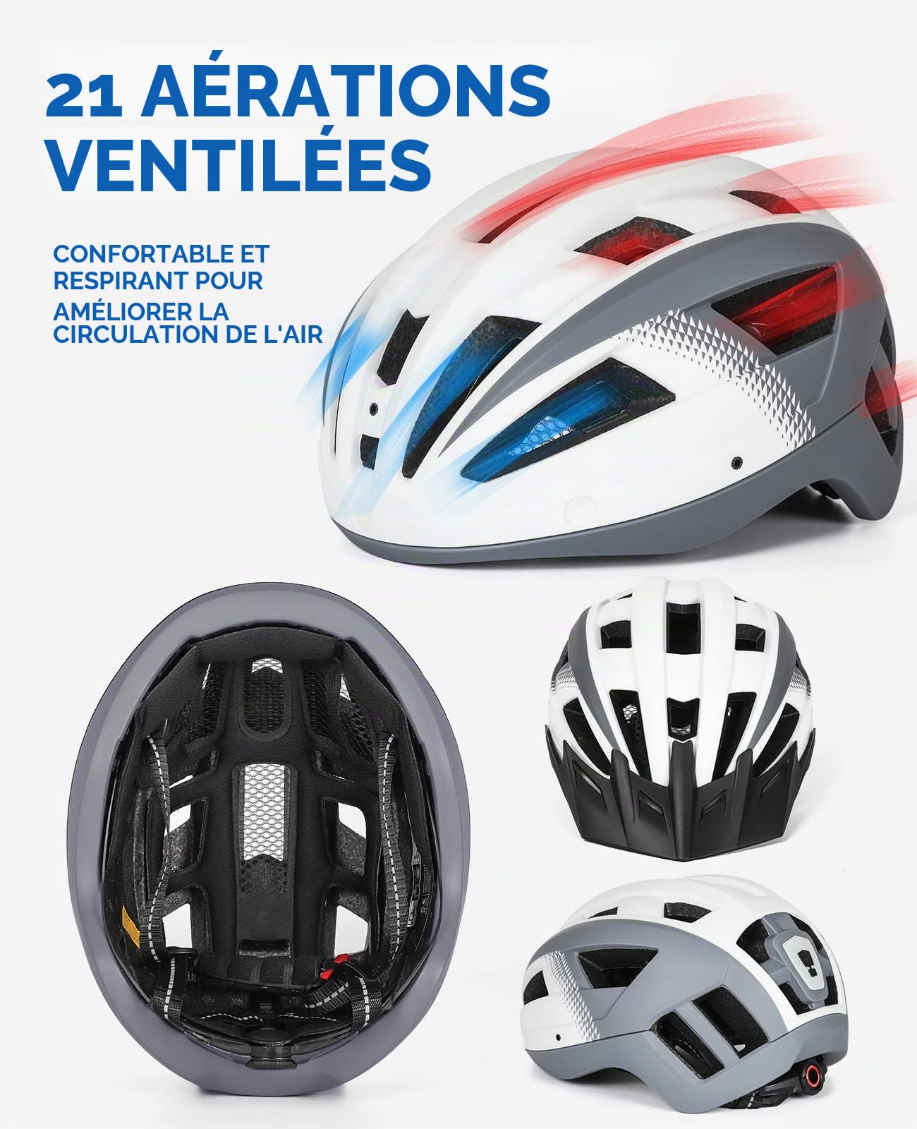 Casque Velo Homme Femme avec Visiere et Lunettes Détachables, Casque Vélo Casques VTT avec Feu Arrière à LED Rechargeable, Casque Cyclisme pour Adulte et Adolescent (M: 54-58 cm, Blanc Gris)