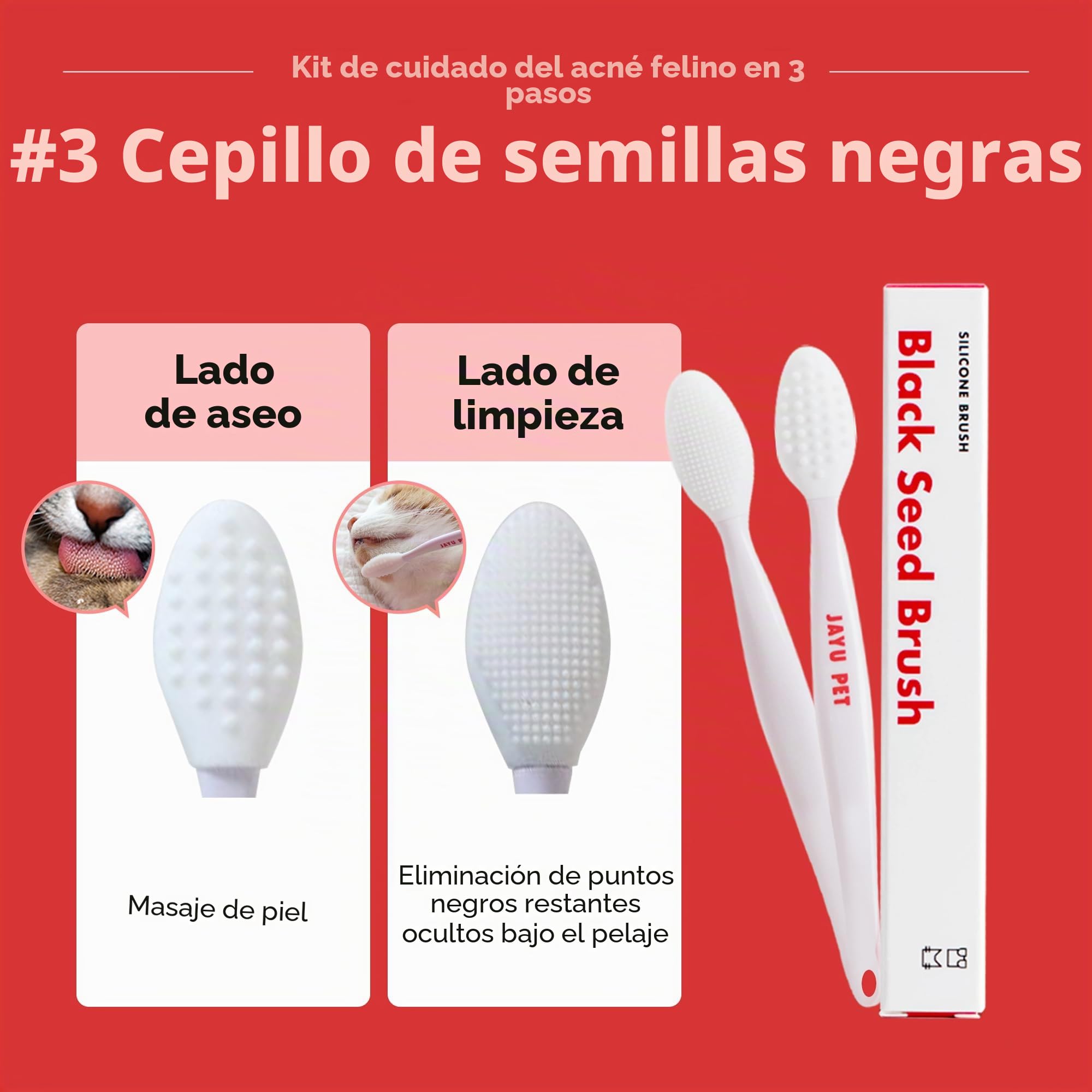 JAYU PET Kit de cuidado del acné de gato de 3 pasos, limpiador hipoalergénico para acné felino, almohadillas de doble cara para el acné de gato (1EA), toallitas de tratamiento de barbilla para el acné