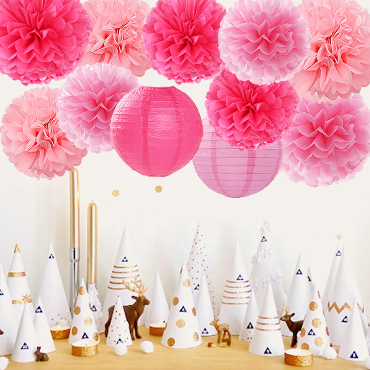 Hot Pink Paper Flowers Tissue Pom Poms Honeycomb Lanterns 15pcs Party Decorations for Birthday Bachelorette Women Girls Night Baby Shower Bridal Wedding Valentine Hanging Supplies Mprocherify - Image 2