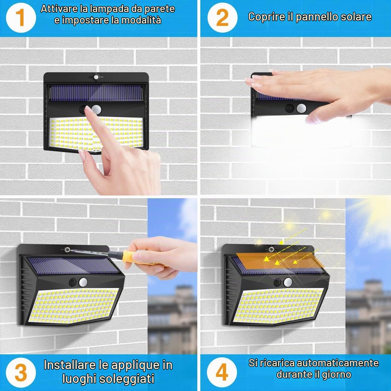 Luce Solare LED Esterno【8 Pezzi 138 LED】Faretti Solari a Led da Esterno 3 Modalità Lampada Solare da Esterno con Sensore di Movimento IP65 Impermeabile per Giardino, Parete, Risparmio Energetico