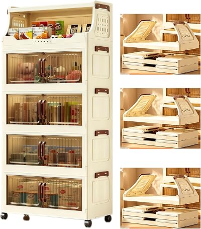 Stackable Storage Bins with Lid 5 Tier, Wheeled Plastic Unit with Hooks
