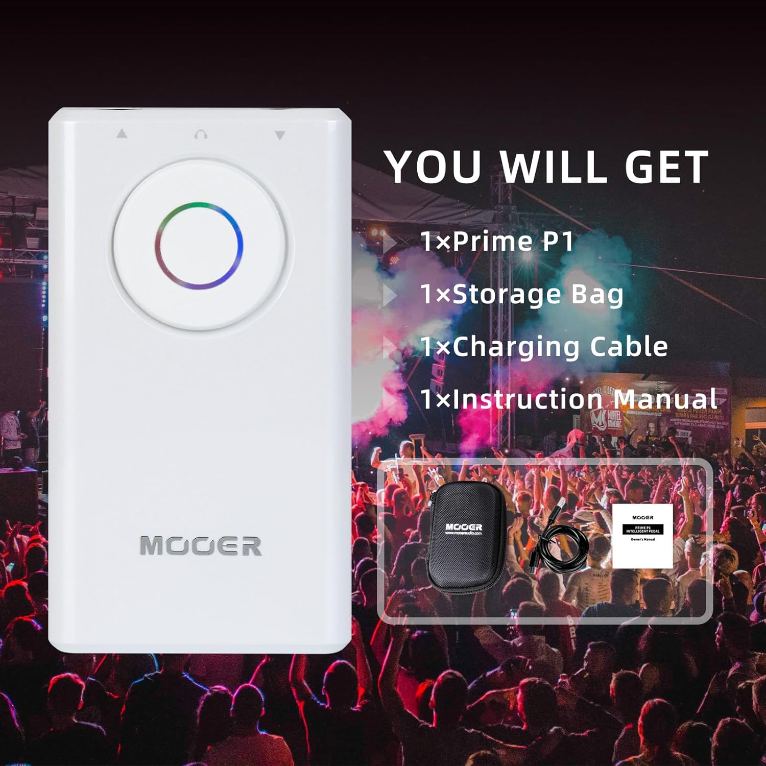 MOOER Prime P1 and included accessories: storage bag, charging cable, and manual
