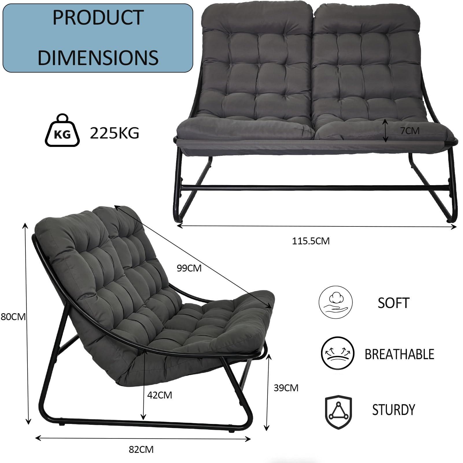 Gartenliege 2 Personen Metall, Doppelliege Outdoor 2 Personen mit Dicker Abnehmbares Gepolsterter, Belastbarkeit bis 225kg, Relaxliege für Garten, Wohnzimmer, Terrasse (Schwarz)