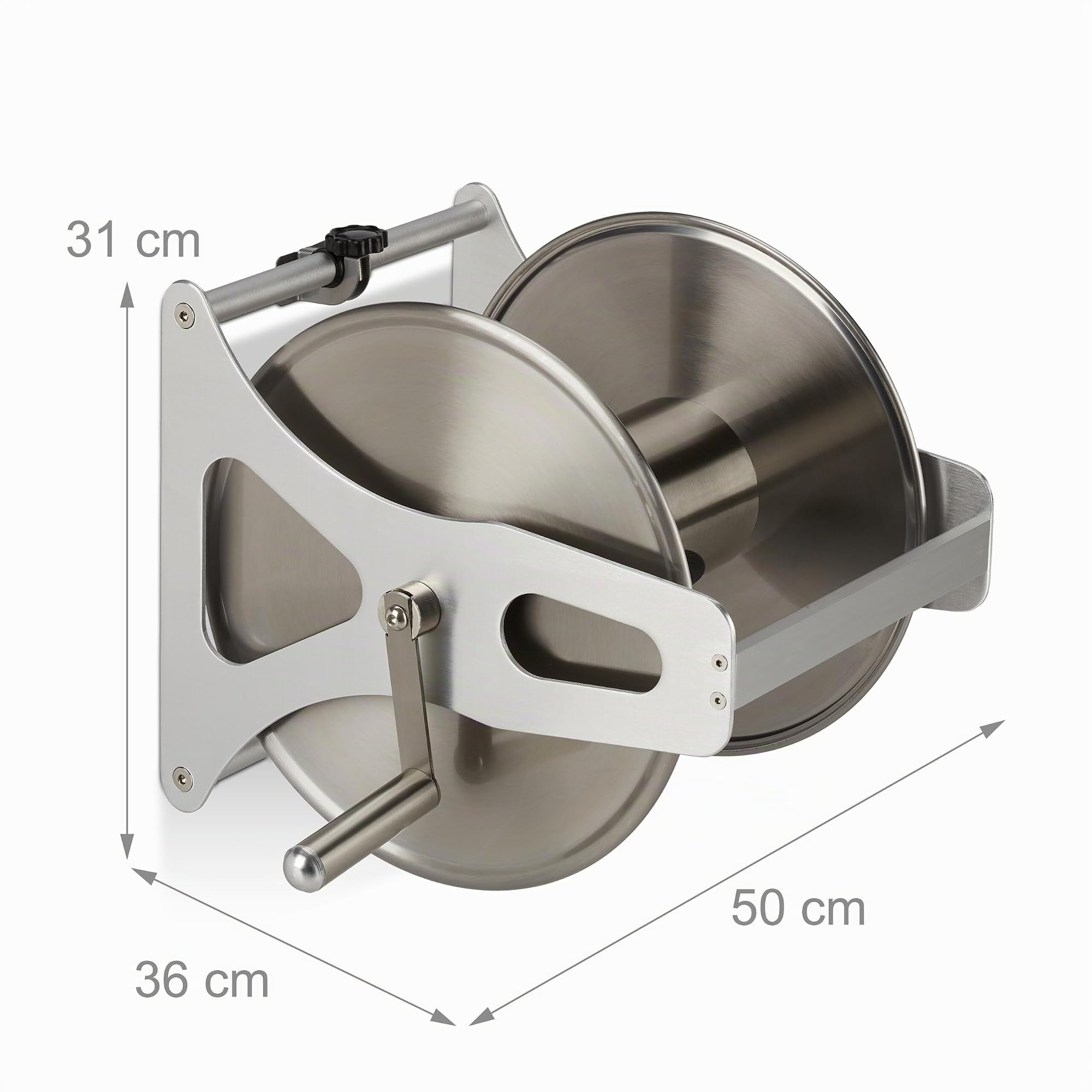 Relaxdays Schlauchtrommel, Edelstahl, für 50 m 1/2" Schlauch, Boden, Wand, HBT: 31 x 50 x 36 cm, Schlauchwickler, silber