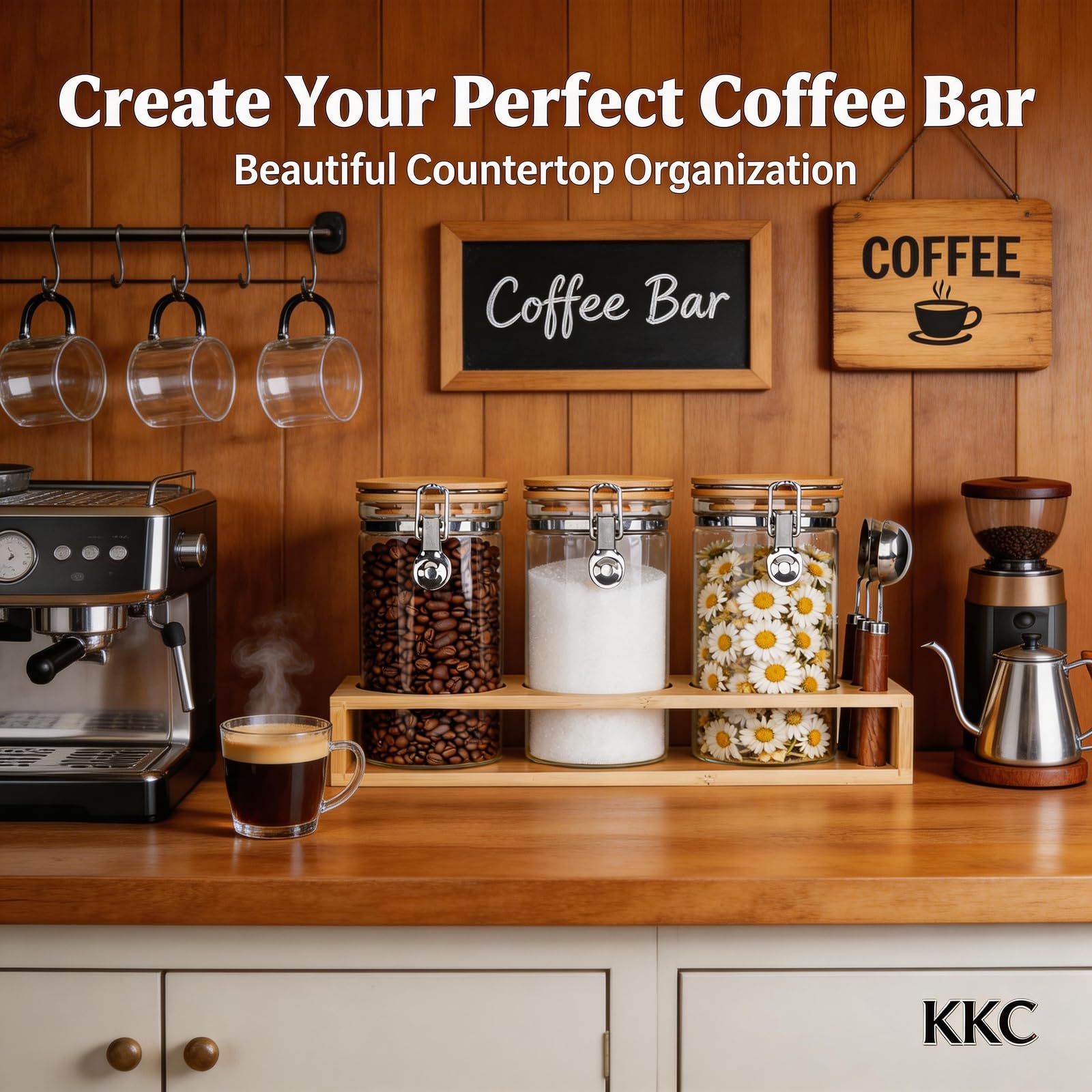 KKC HOME ACCENTS Barattoli ermetici in vetro per chicchi di caffè con paletta per bar, contenitori in vetro sigillato con coperchio incernierato per caffè macinato, tè sfuso, matcha, zucchero, 40 once