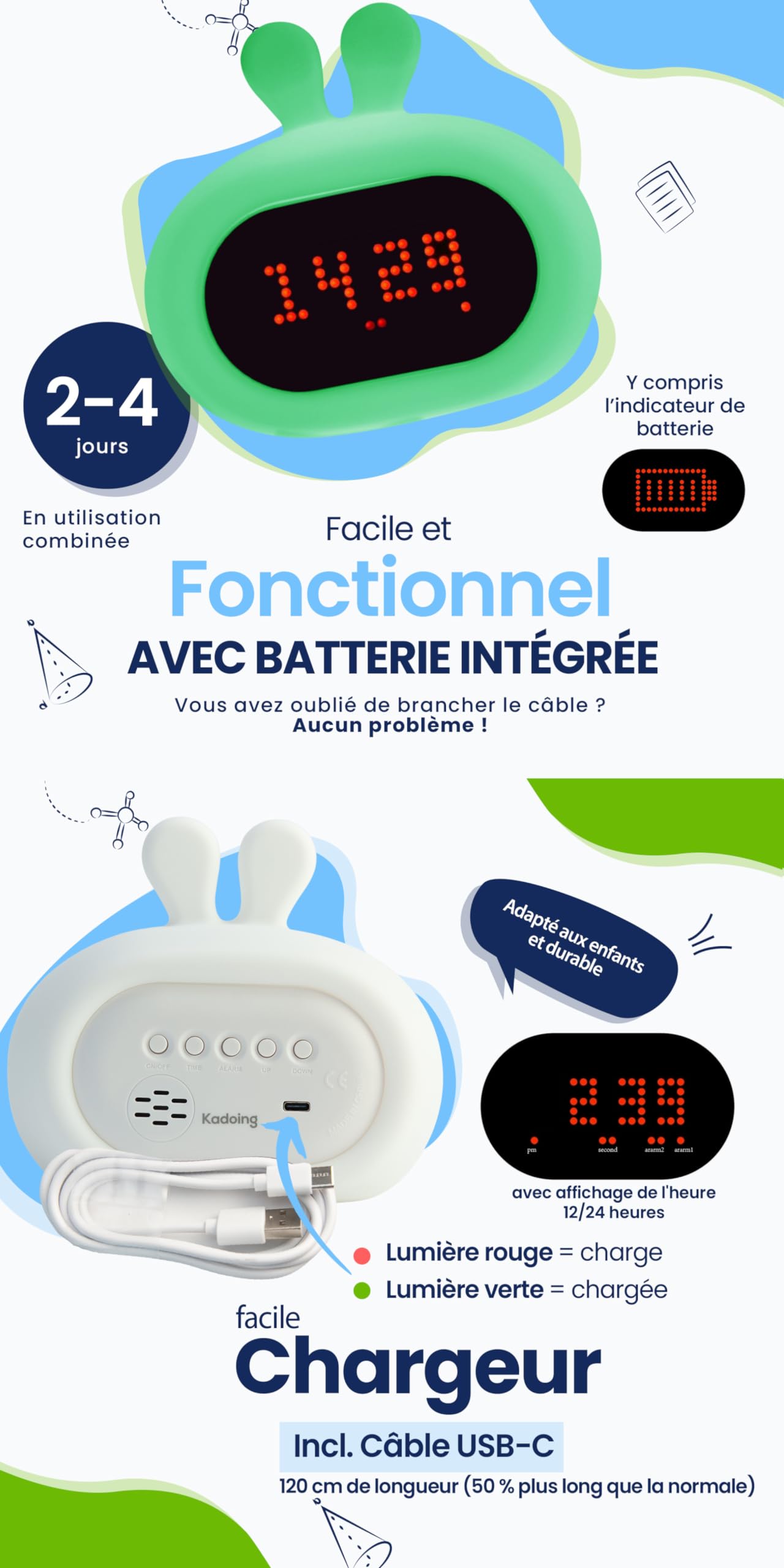 Réveil Enfant Lapin (Blanc) - avec Expressions Faciales et Fonction Tapotement - Lumière de Réveil - Entraîneur de Sommeil - Veilleuse - Jouet Numérique