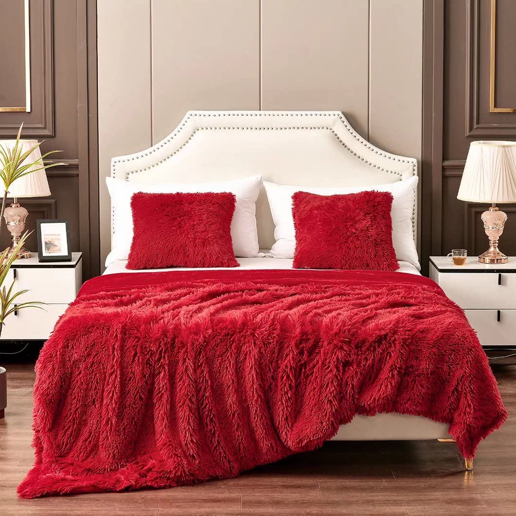 YUSOKI Long Faux Fur Throw Blanket for Sofa Couch,2 Layers,2.1lb,All Ages,Home Decoration, (Olive Green,50" x 60"): King90"*104" Red