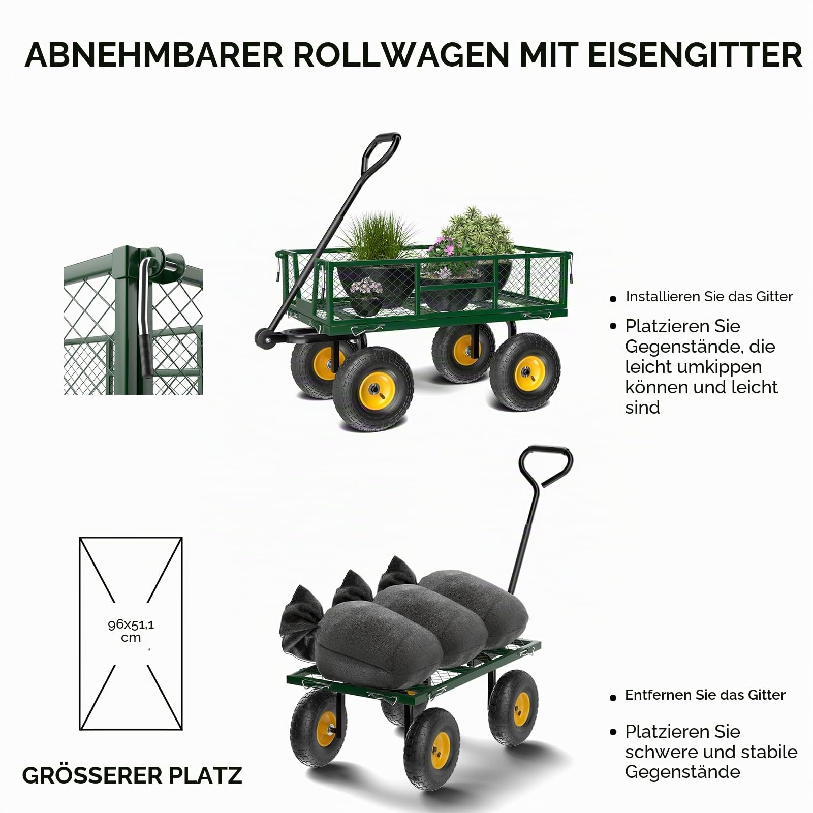 Bonnlo Gartenwagen, Bollerwagen Metall mit 180° drehbarem Griff und abnehmbarem Eisennetz, 363 kg Schwerlast-Nutzwagen, Kippwagen für Garten, Rasen und Landschaftsbau (Grün, 95,5 x 51 x 90 cm)
