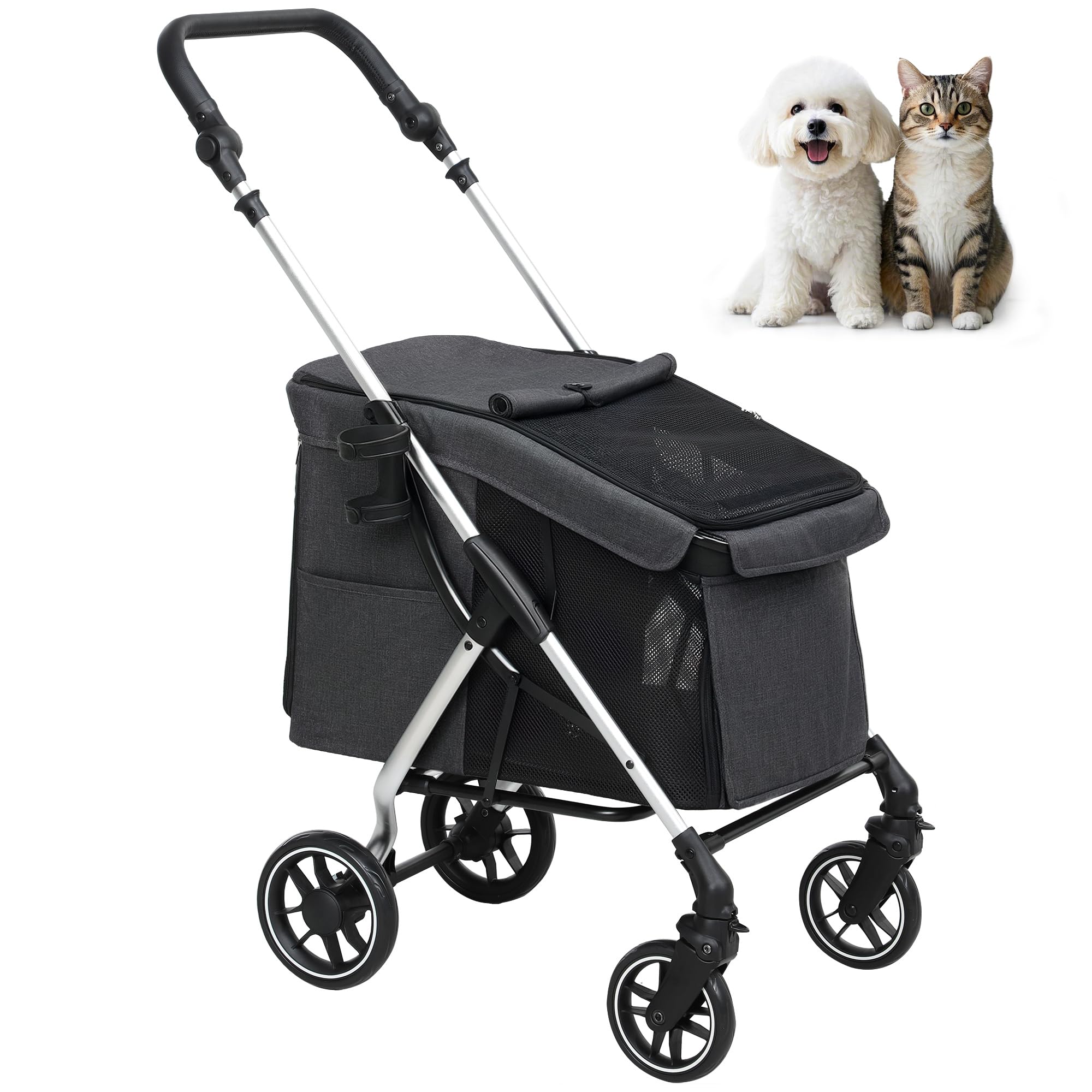 PawHut cochecito de aluminio ligero plegable para perros y gatos de hasta 10 kg cochecito de gato con cojines de malla ventanas puertas cesta de almacenamiento cochecito de gato silla de paseo gris