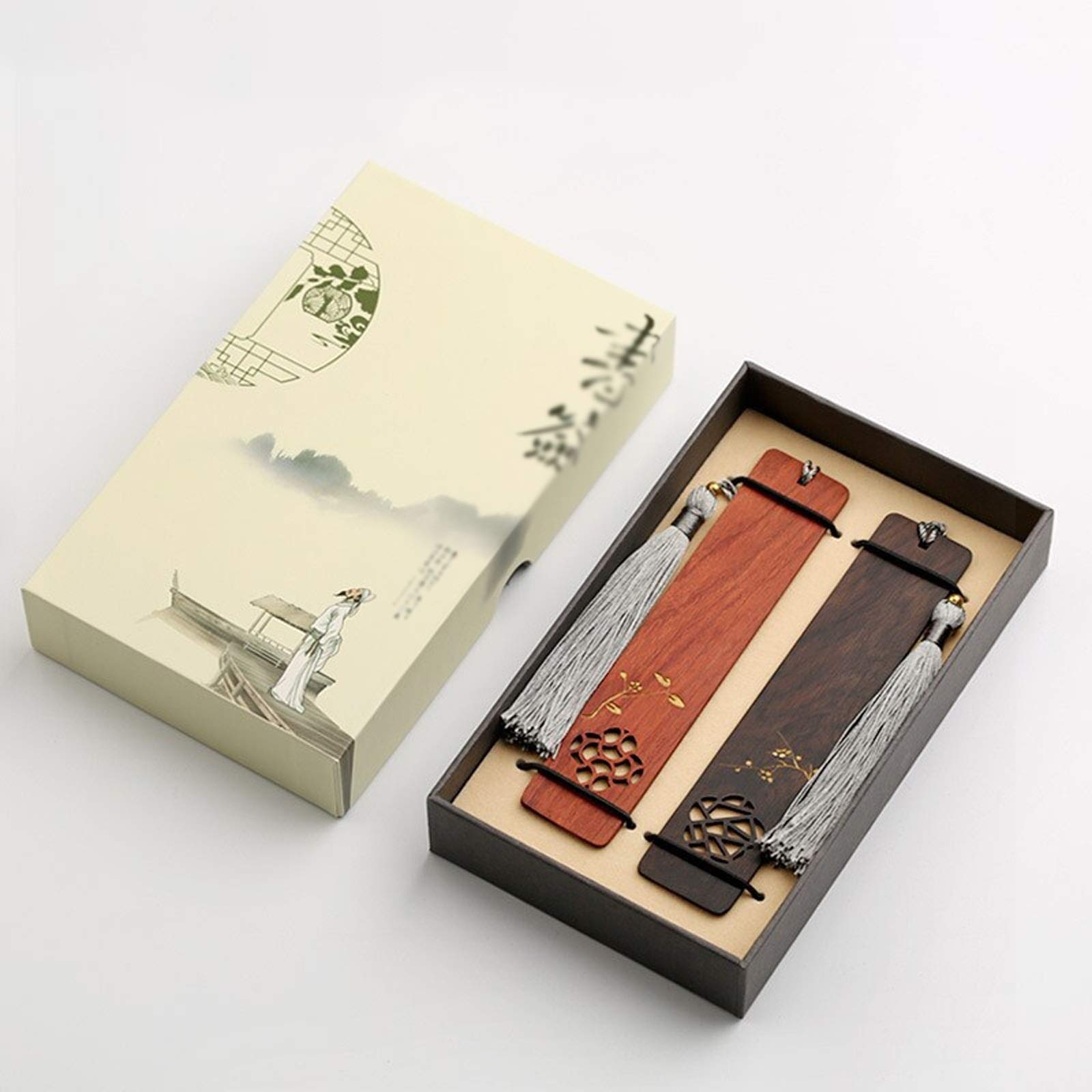 Lesezeichen Handgemachte antike hölzerne Lesezeichen Geschenkbox Set Holz-Lesezeichen mit schönen Quasten ist ein für Lehrer Studenten, Männer und Frauen praktische Geschenke Buch Markierungen