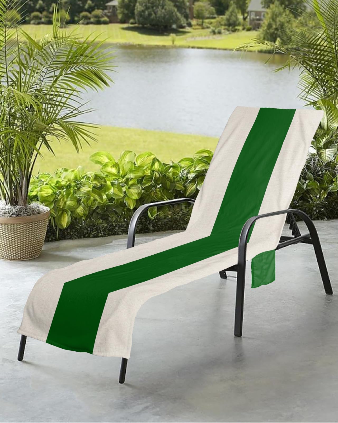 Christmas Green Beach Chair Towel Covers for Chaise Lounge with Side Pocket, Soft Plush Pool Towels Cover for Patio Sunbathing Outdoor 29''x85'' Xmas Geometric Stripes Retro Beige