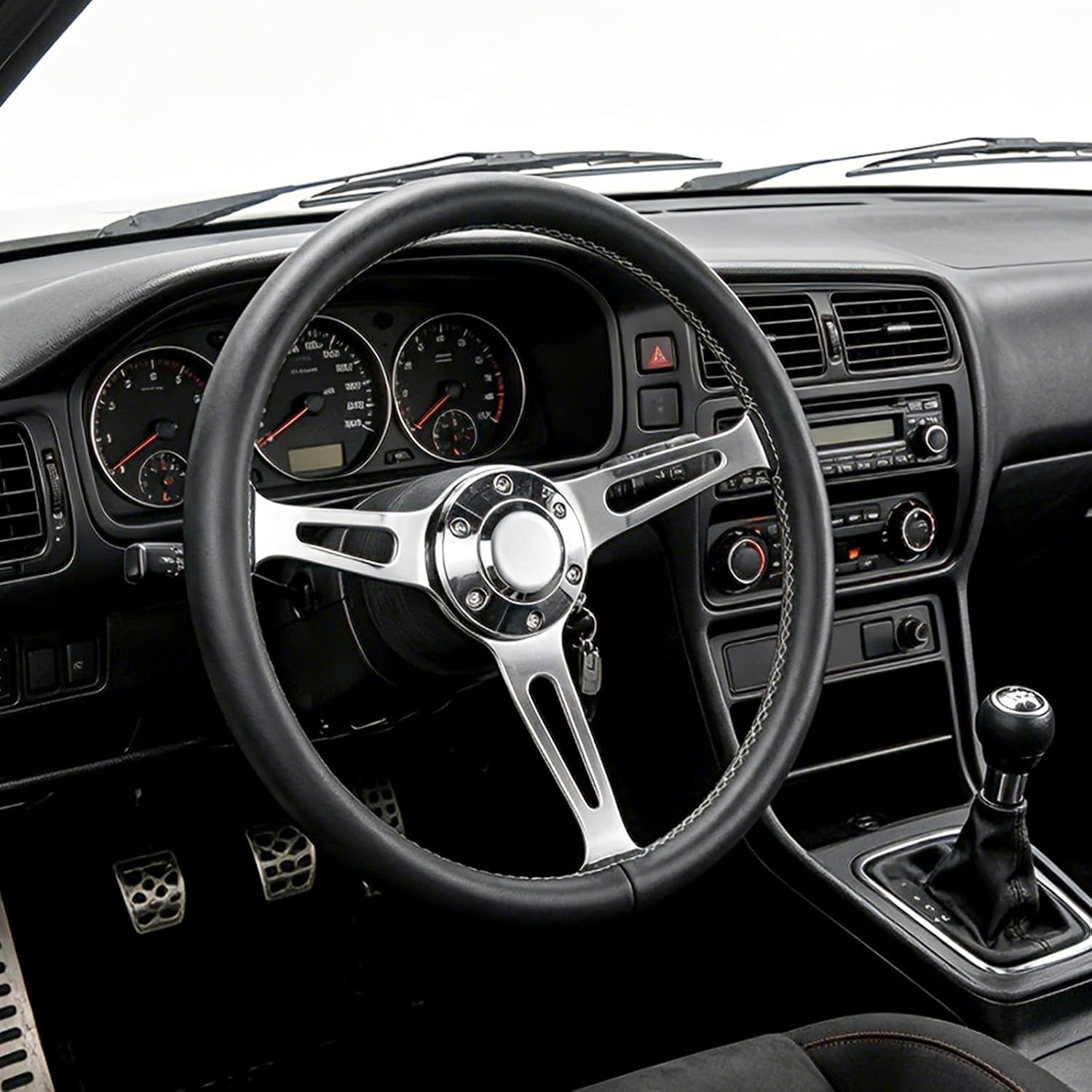 15 Inch Racing Steering Wheel, 380mm Deep Dish 53mm, Black PU Grip, Chrome-Plated Aluminum Alloy Spokes, 3-Spoke 6-Bolt Universal Steering Wheel for Cars, for Classic Car,for Vintage Car