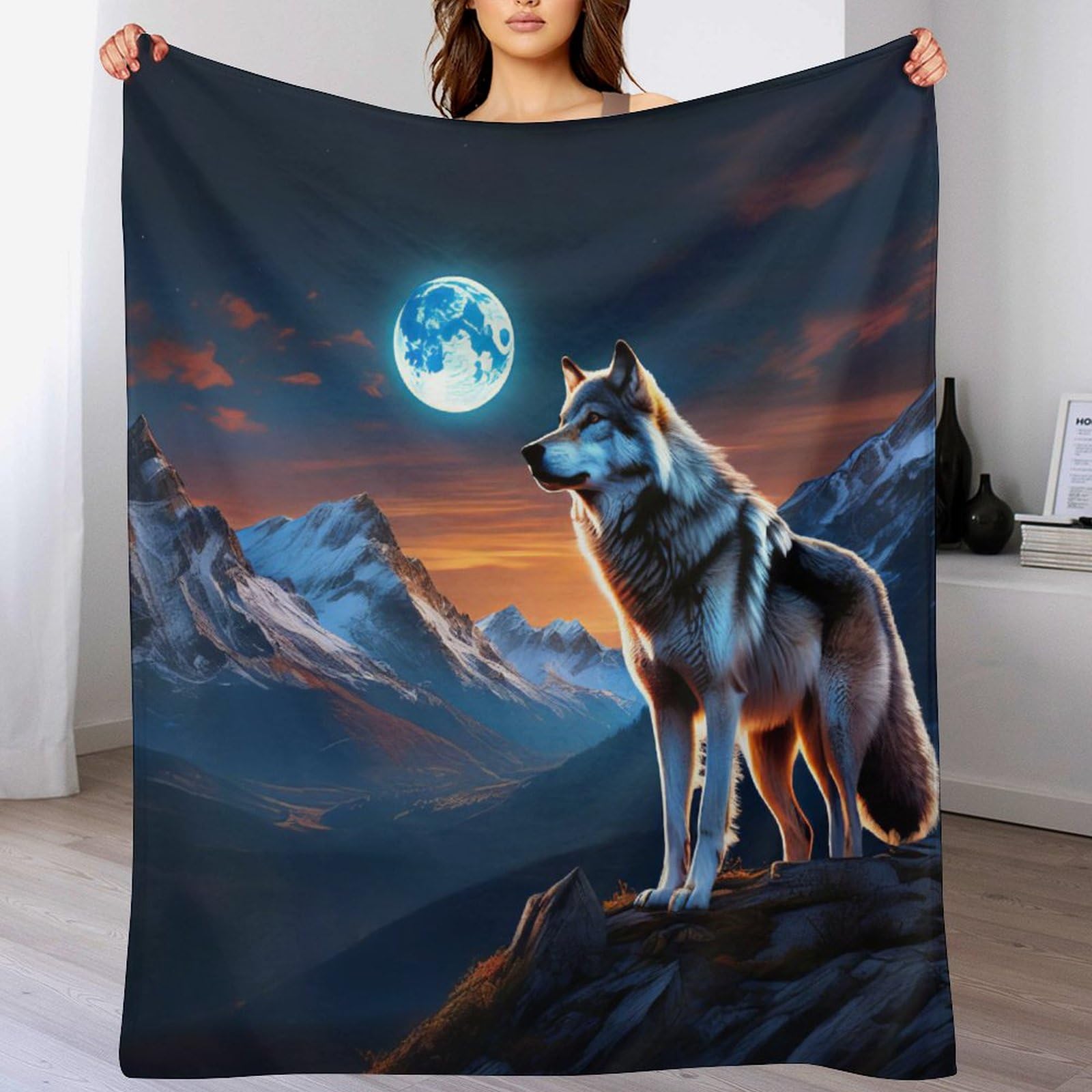 Couverture loup en flanelle polaire 100x130cm chaude pour canapé