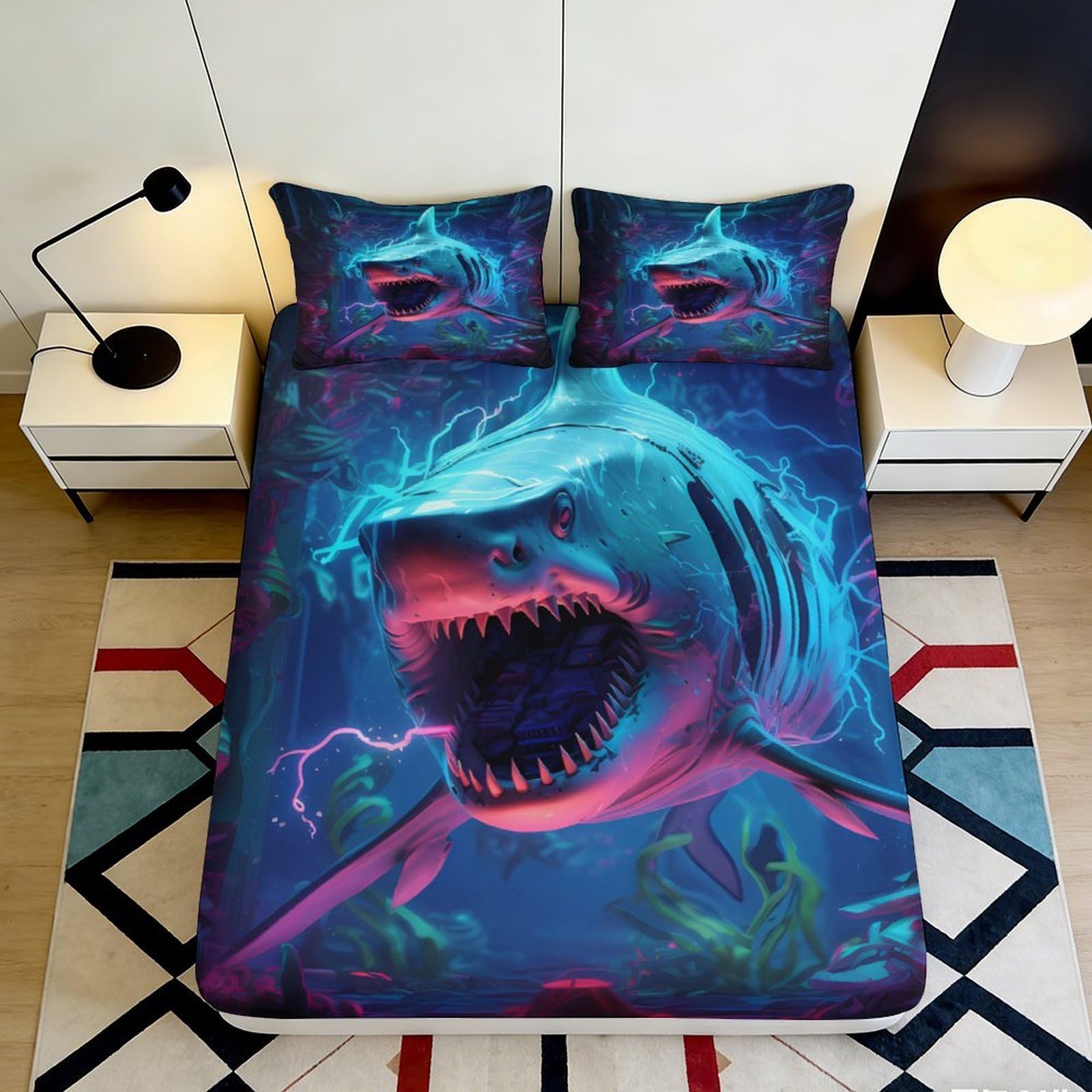 3D Printed Electric Shark Fitted Sheet Microfiber Soft Breathable Neon Ocean Bed Cover for Bedroom Dorm Decor 90x200x25cm