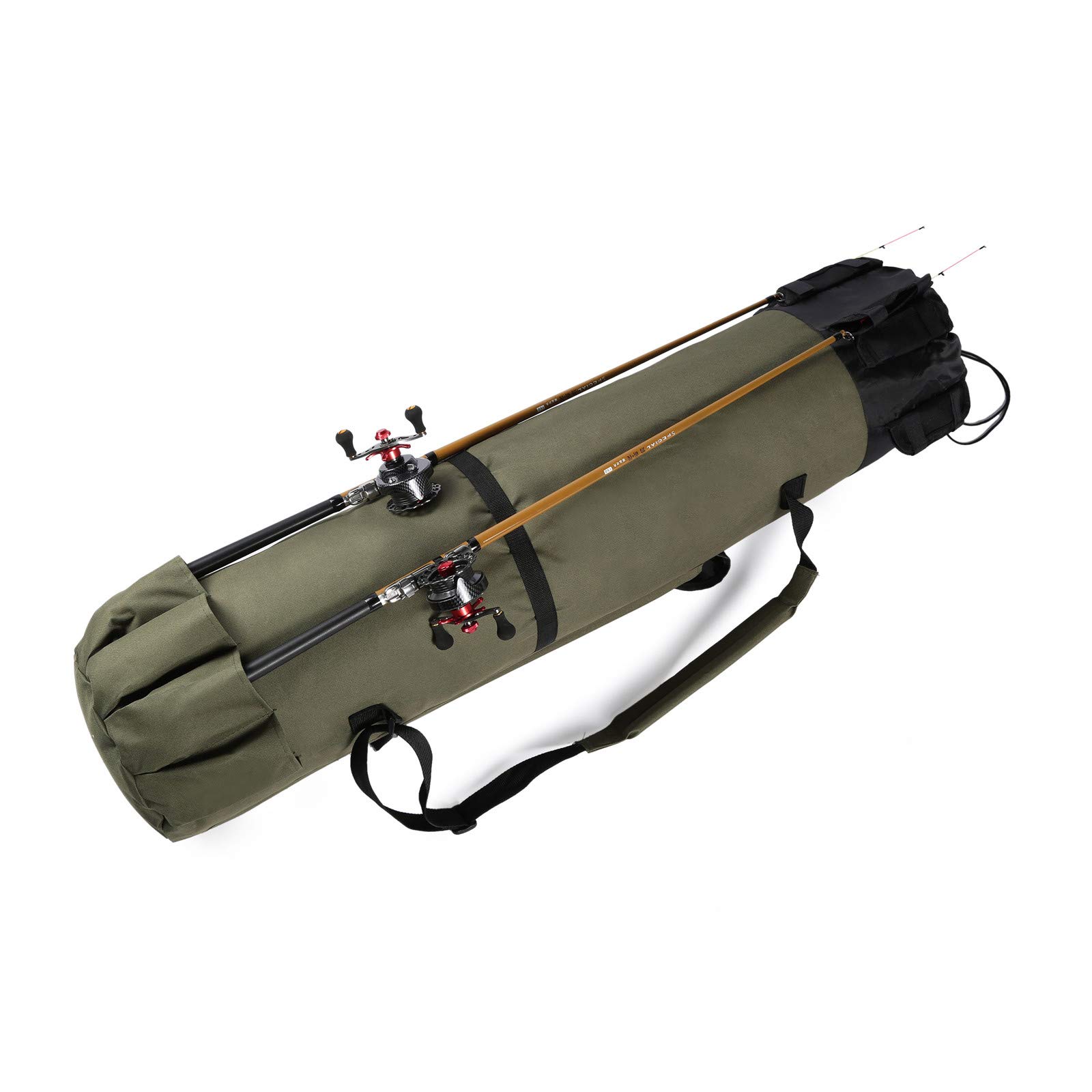 Wowelife Fishing Rod Carrier Bag, Organiser, Pole Storage, Green, 5 Rods & Reels, Small Tackle & Gear Inside, Gift for Fishing Enthusiasts
