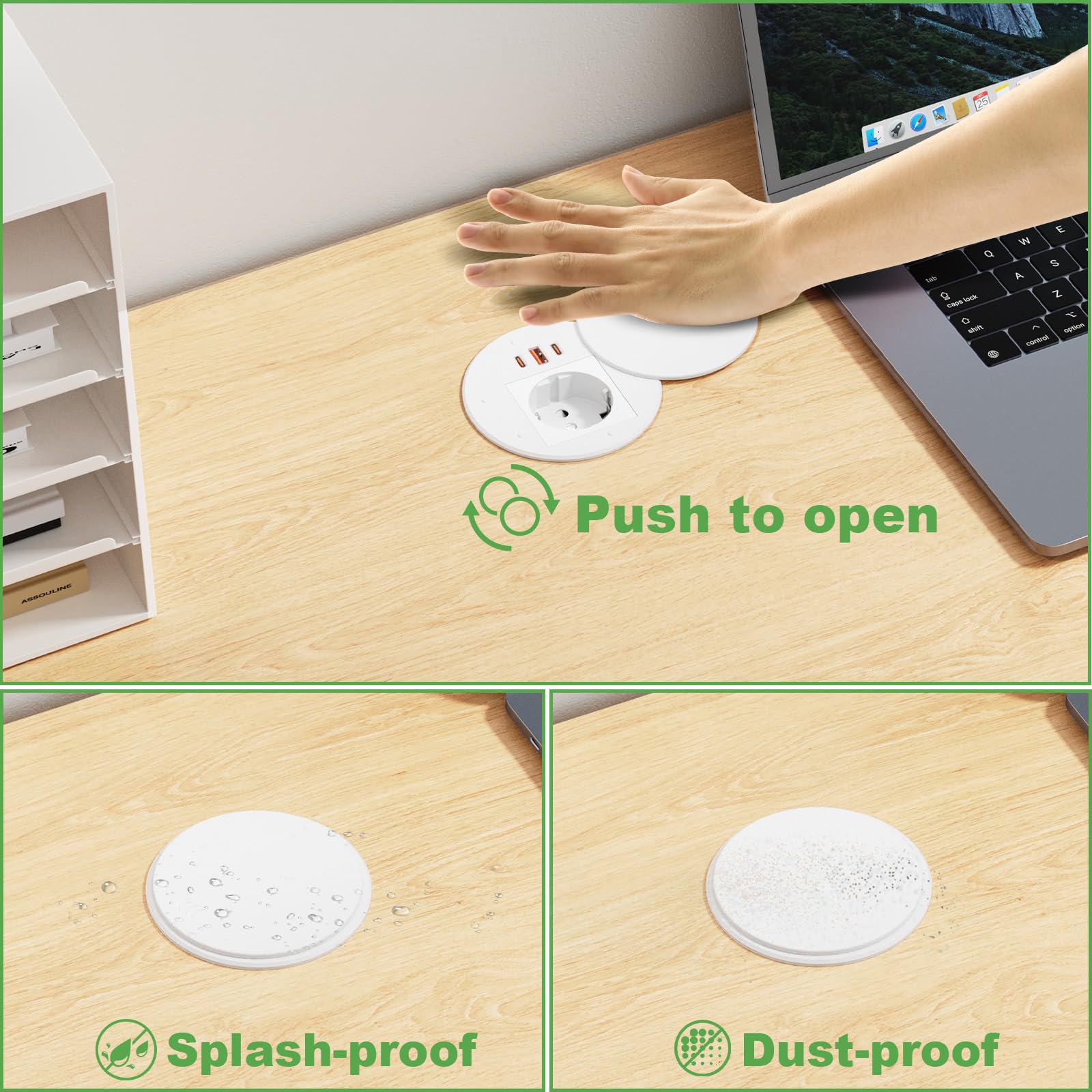 Enchufe Empotrable Mesa con USB C PD 35W, Regleta de Mesa con 3 USB y Tapa, Regleta Empotrable para Muebles o Superficies de Trabajo, Cable de 1,8 m, Blanco