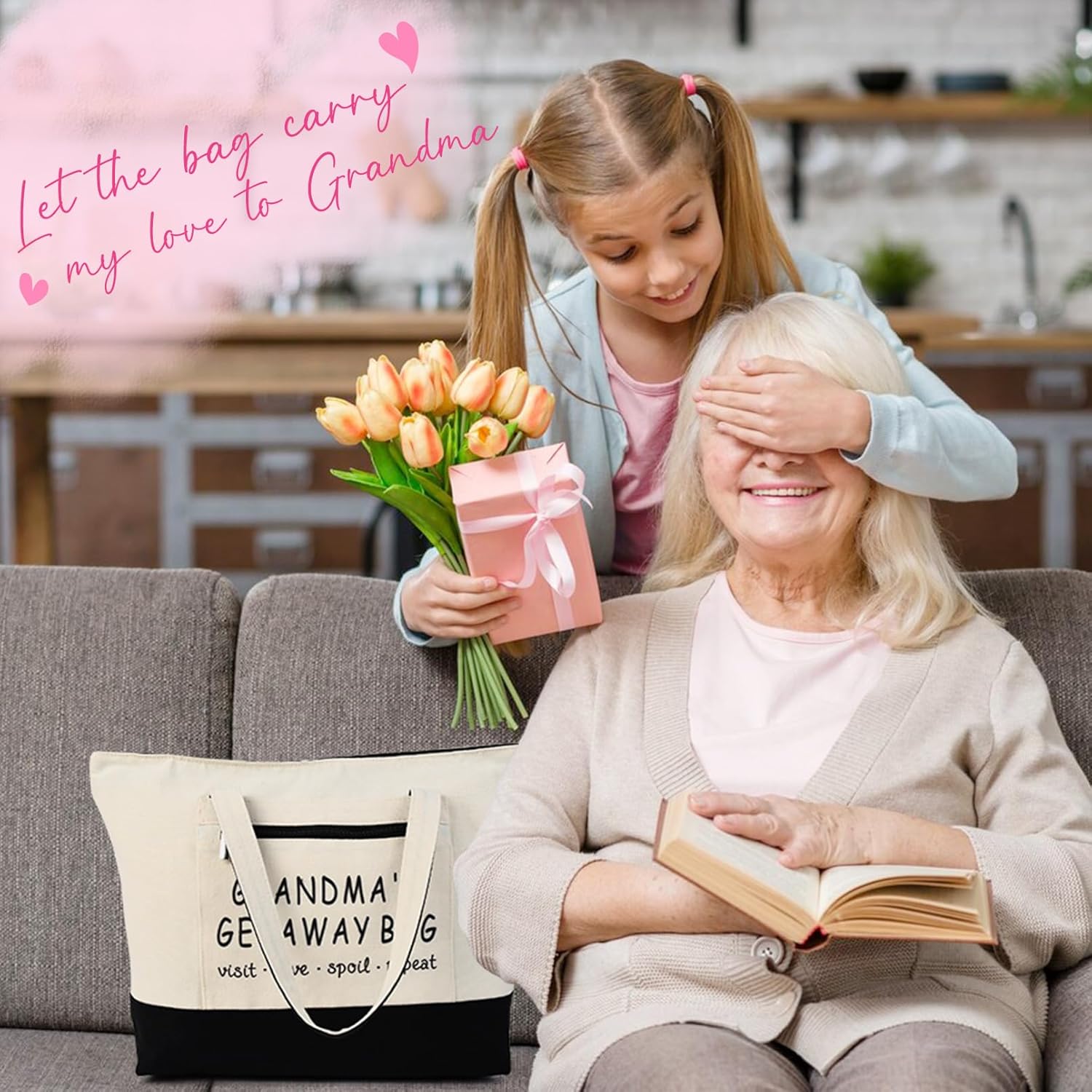 Grandma Brithday Canvas Tote Bag for Shopping Travel, Mothers day Gifts, Christmas Gifts for Grandma from Grandkids - Image 3