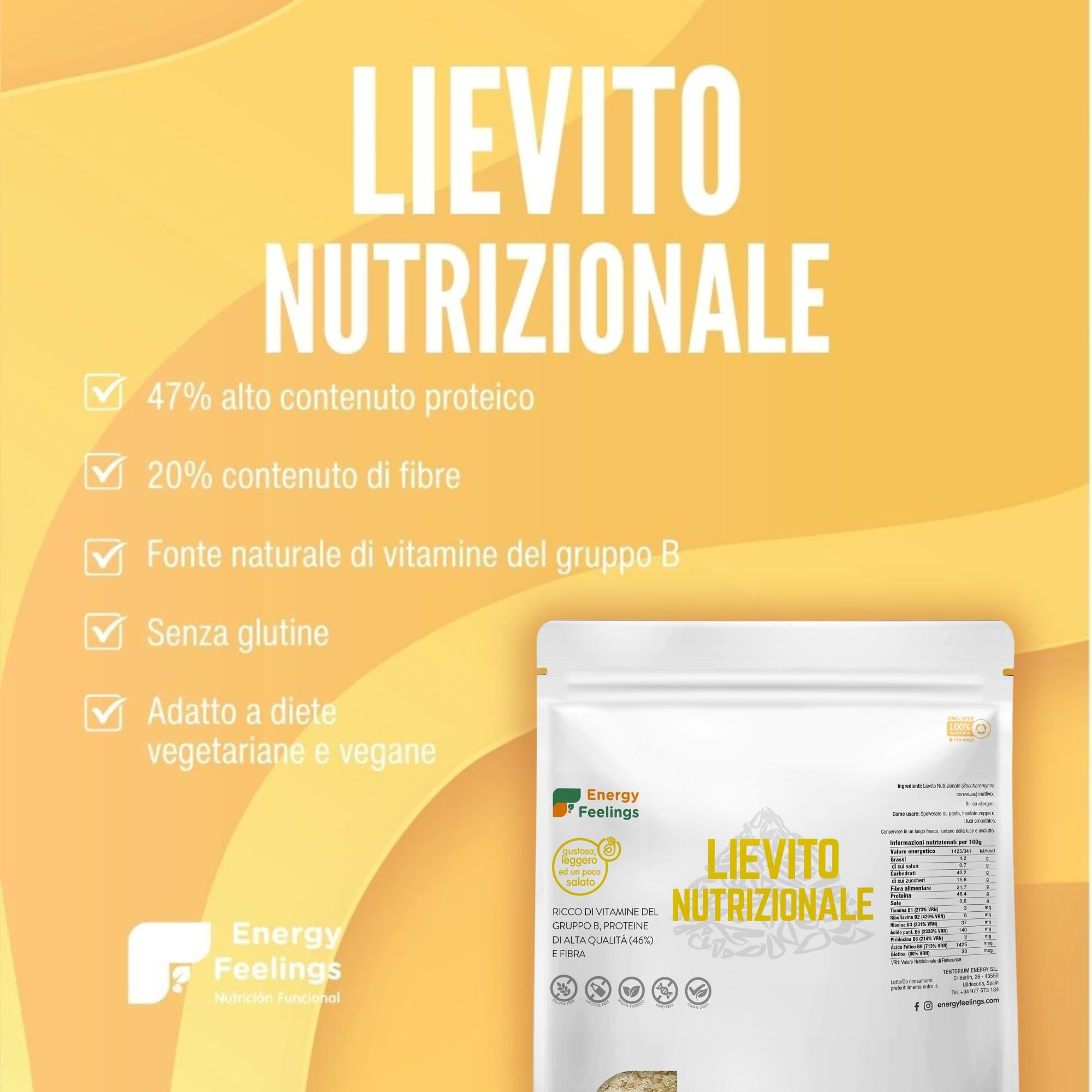 Energy Feelings Lievito Nutrizionale in Scaglie 1 kg. Lievito Alimentare Naturale Inattivo, Integratore Ricco di Vitamine B e Proteine 46%, in Fiocchi Senza Glutine e Vegano